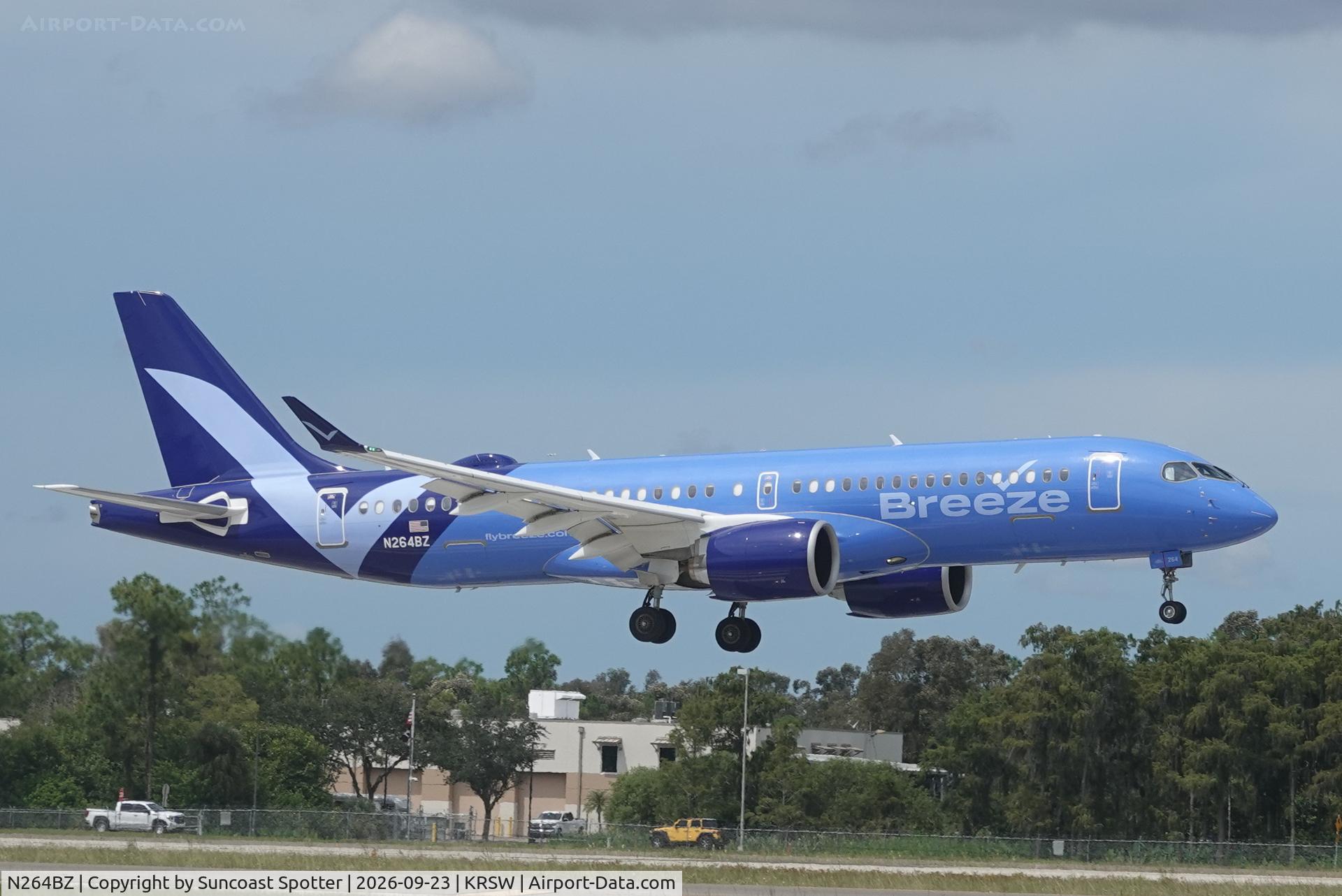 Aircraft N264BZ, 2026 Airbus A220-371, c/n 55425, Moxy 1338 arrives at Southwest Florida International Airport following flight from Manchester International Airport, at KRSW, photo by Suncoast Spotter