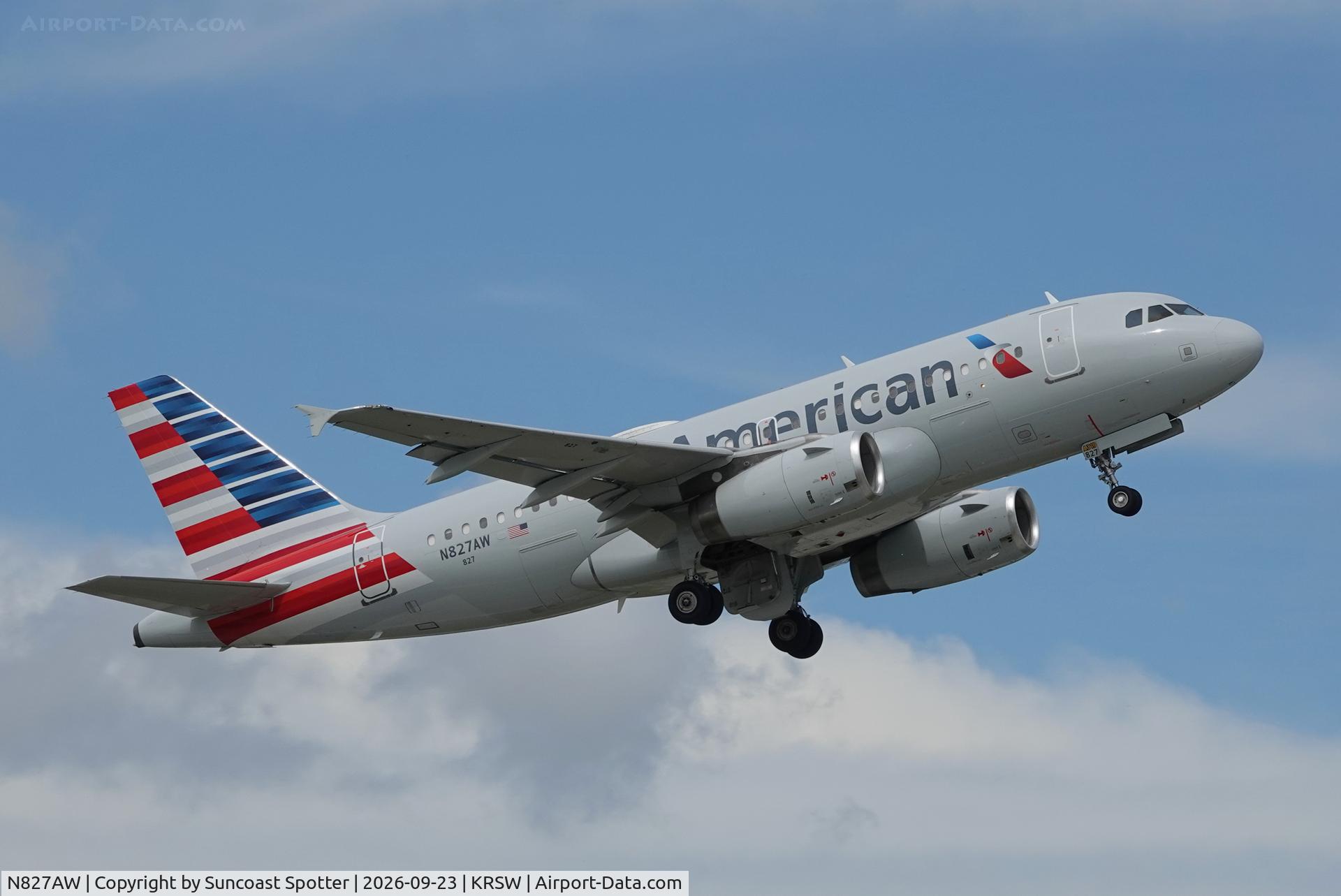 Aircraft N827AW, 2001 Airbus A319-132, c/n 1547, American 2916 departs Southwest Florida International Airport enroute to Reagan National Airport, at KRSW, photo by Suncoast Spotter