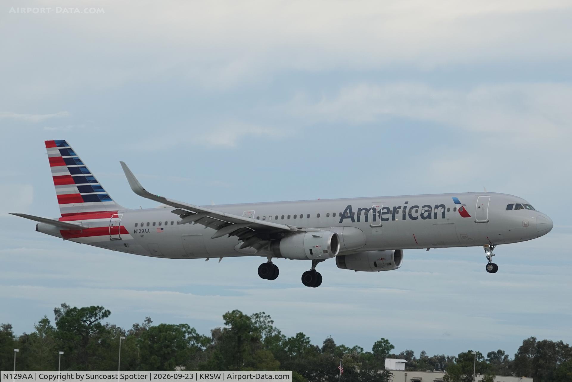Aircraft N129AA, 2014 Airbus A321-231, c/n 6401, American 1781 arrives at Southwest Florida International Airport following flight from Charlotte-Douglas International Airport, at KRSW, photo by Suncoast Spotter