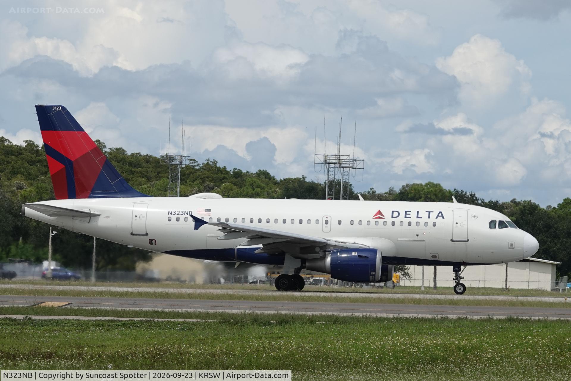 Aircraft N323NB, 2001 Airbus A319-114, c/n 1453, Delta 2320 departs Southwest Florida International Airport enroute to John F Kennedy International Airport, at KRSW, photo by Suncoast Spotter