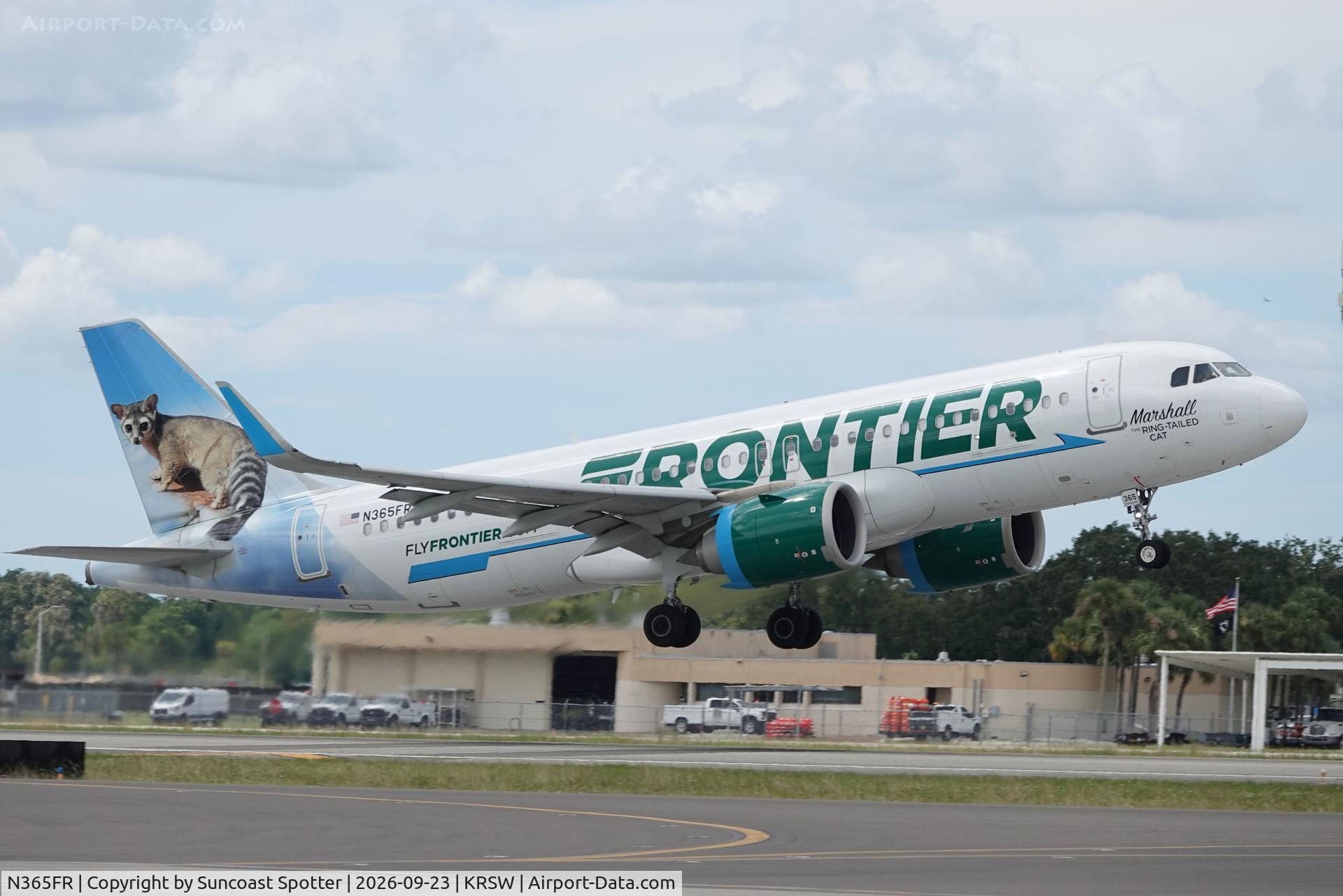 Aircraft N365FR, 2019 Airbus A320-251N, c/n 9340, Frontier 2715 departs Southwest Florida International Airport enroute to Cleveland-Hopkins International Airport, at KRSW, photo by Suncoast Spotter