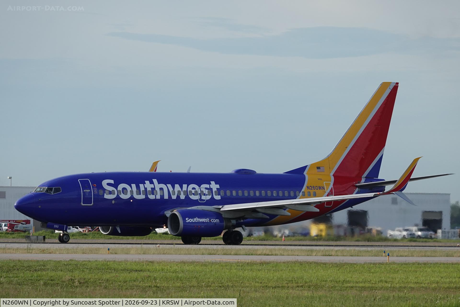 Aircraft N260WN, 2006 Boeing 737-7H4, c/n 32518 l/n 2114, Southwest 2441 departs Southwest Florida International Airport enroute to Nashville International Airport, at KRSW, photo by Suncoast Spotter
