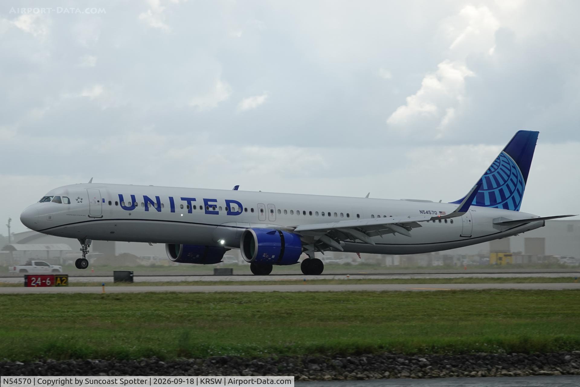 Aircraft N54570, 2026 Airbus 321-271NX, c/n 13047, United 2002 arrives at Southwest Florida International Airport following flight from Chicago-O’Hare International Airport, at KRSW, photo by Suncoast Spotter