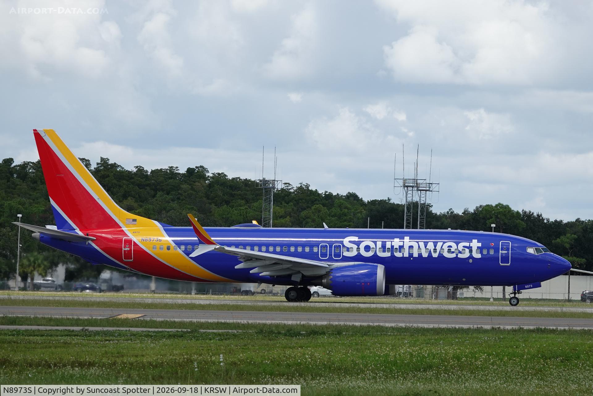 Aircraft N8973S, 2025 Boeing 737 MAX 8, c/n 42630 l/n 9340, Southwest 3390 departs Southwest Florida International Airport enroute to Chicago-Midway International Airport, at KRSW, photo by Suncoast Spotter