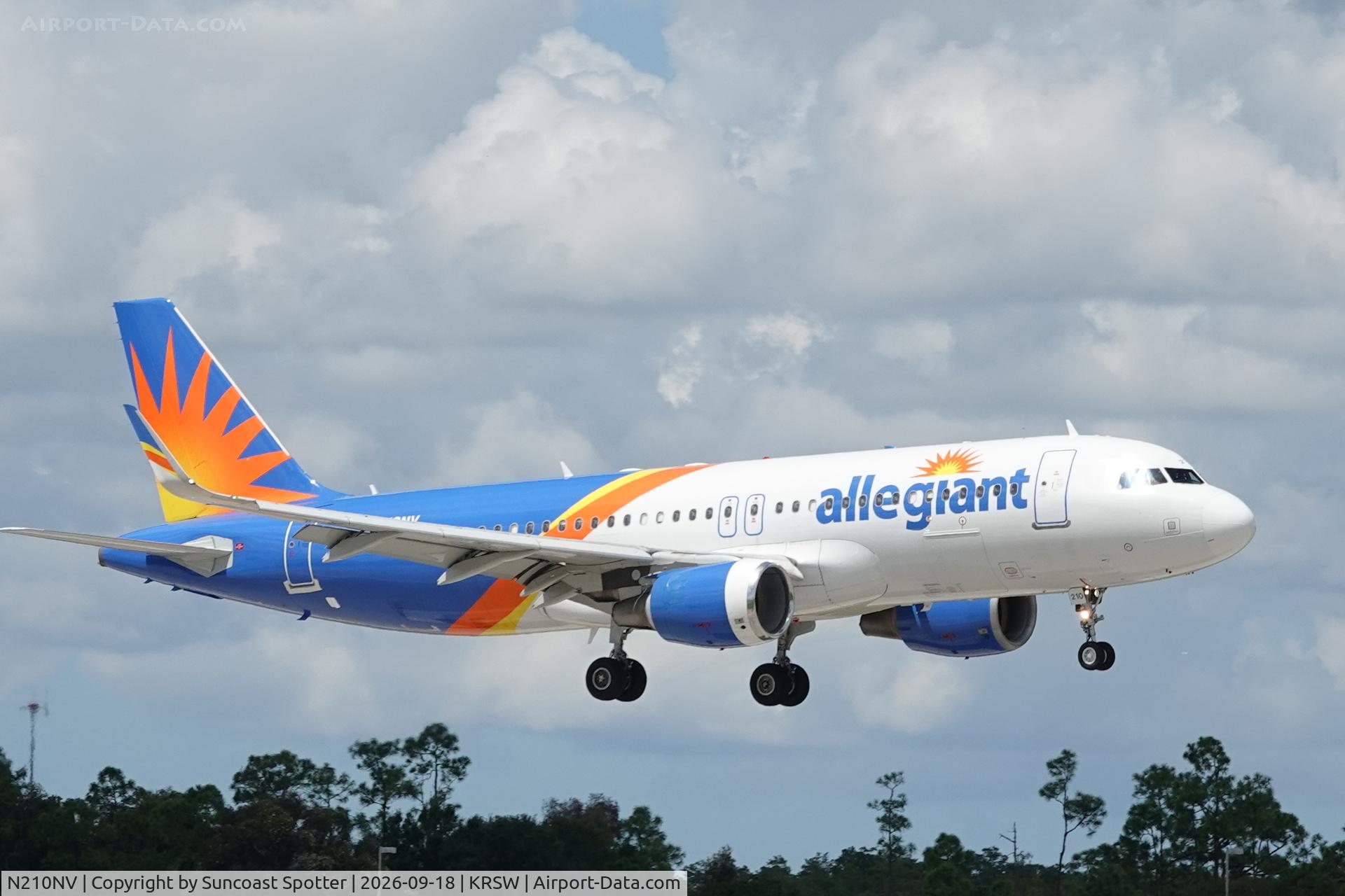 Aircraft N210NV, 2013 Airbus A320-214, c/n 5540, Allegiant 1557 arrives at Southwest Florida International Airport following flight from Appleton International Airport, at KRSW, photo by Suncoast Spotter