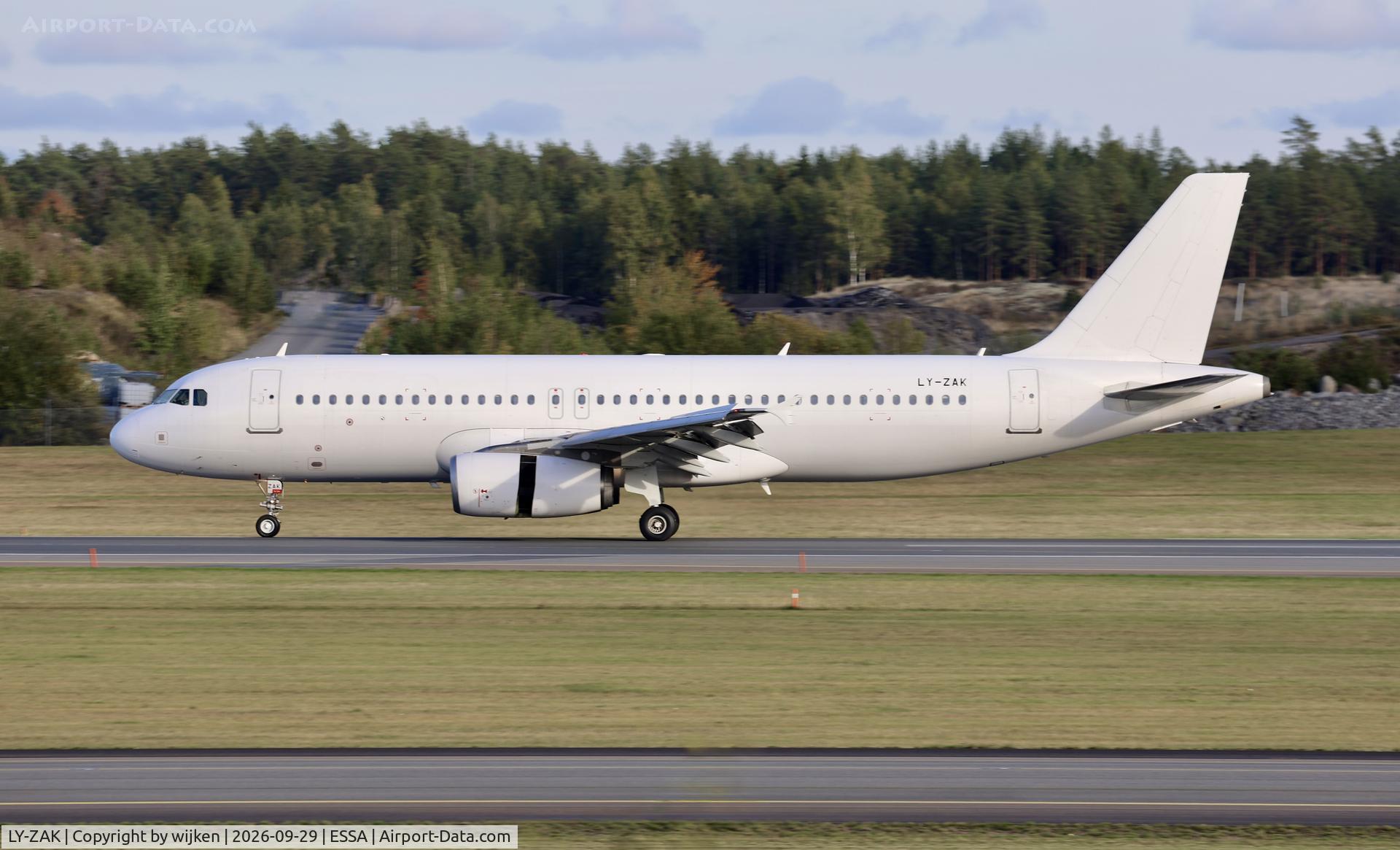 Aircraft LY-ZAK, 2009 Airbus A320-232, c/n 4109, Rwy 01R, at ESSA, photo by wijken