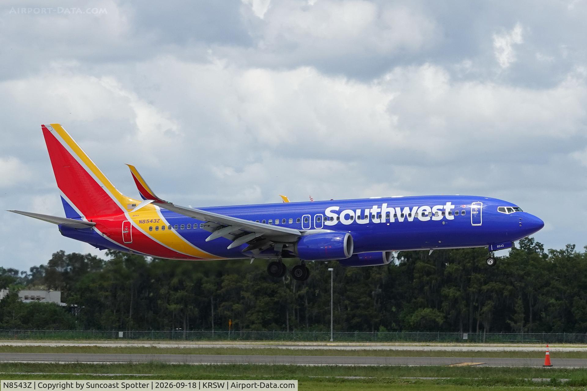 Aircraft N8543Z, 2017 Boeing 737-8H4, c/n 63587 l/n 6511, Southwest 1575 arrives at Southwest Florida International Airport following flight from Chicago-Midway International Airport, at KRSW, photo by Suncoast Spotter