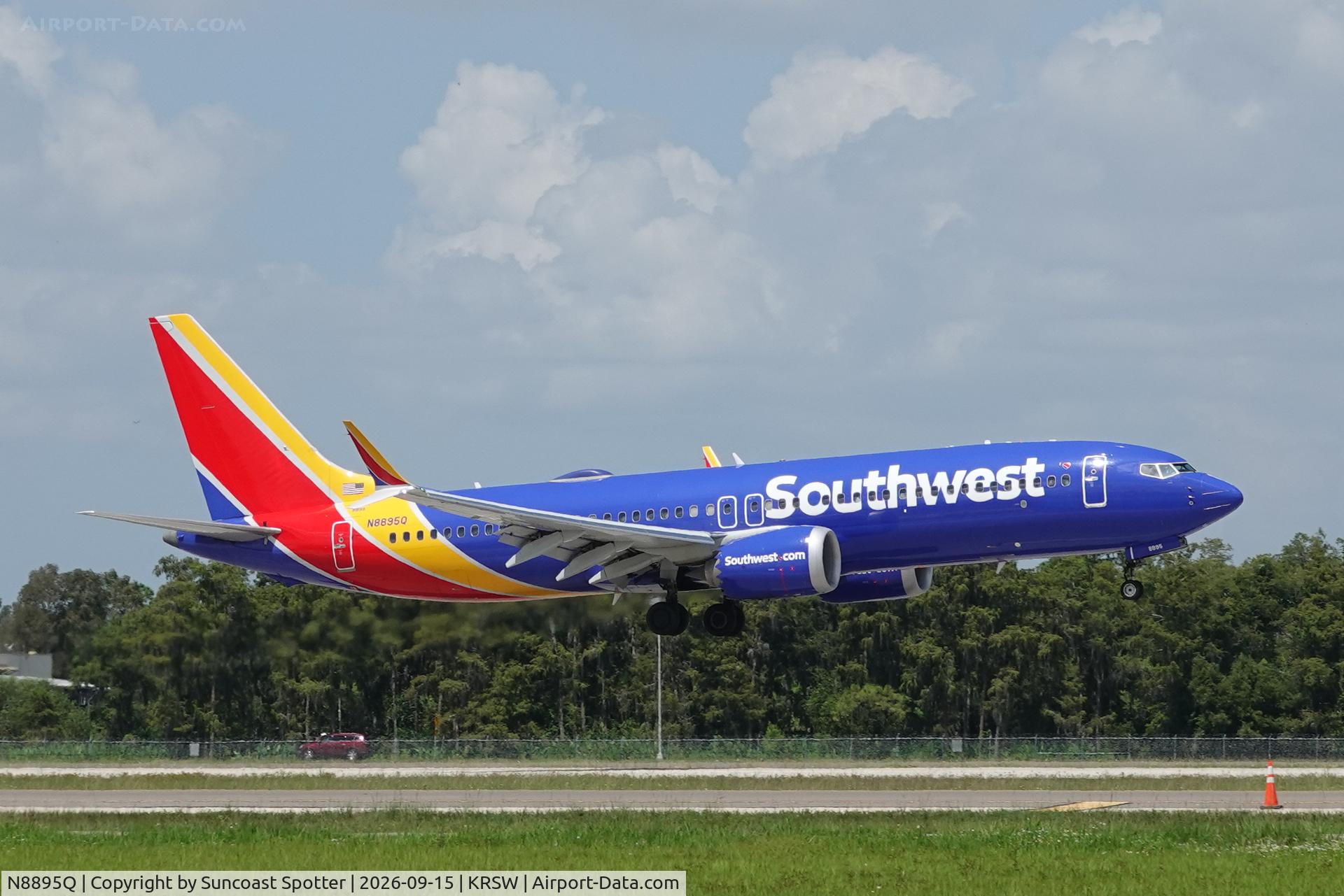 Aircraft N8895Q, Boeing 737 MAX 8, c/n 68052, Southwest 4034 arrives at Southwest Florida International Airport following flight from Chicago-Midway International Airport, at KRSW, photo by Suncoast Spotter