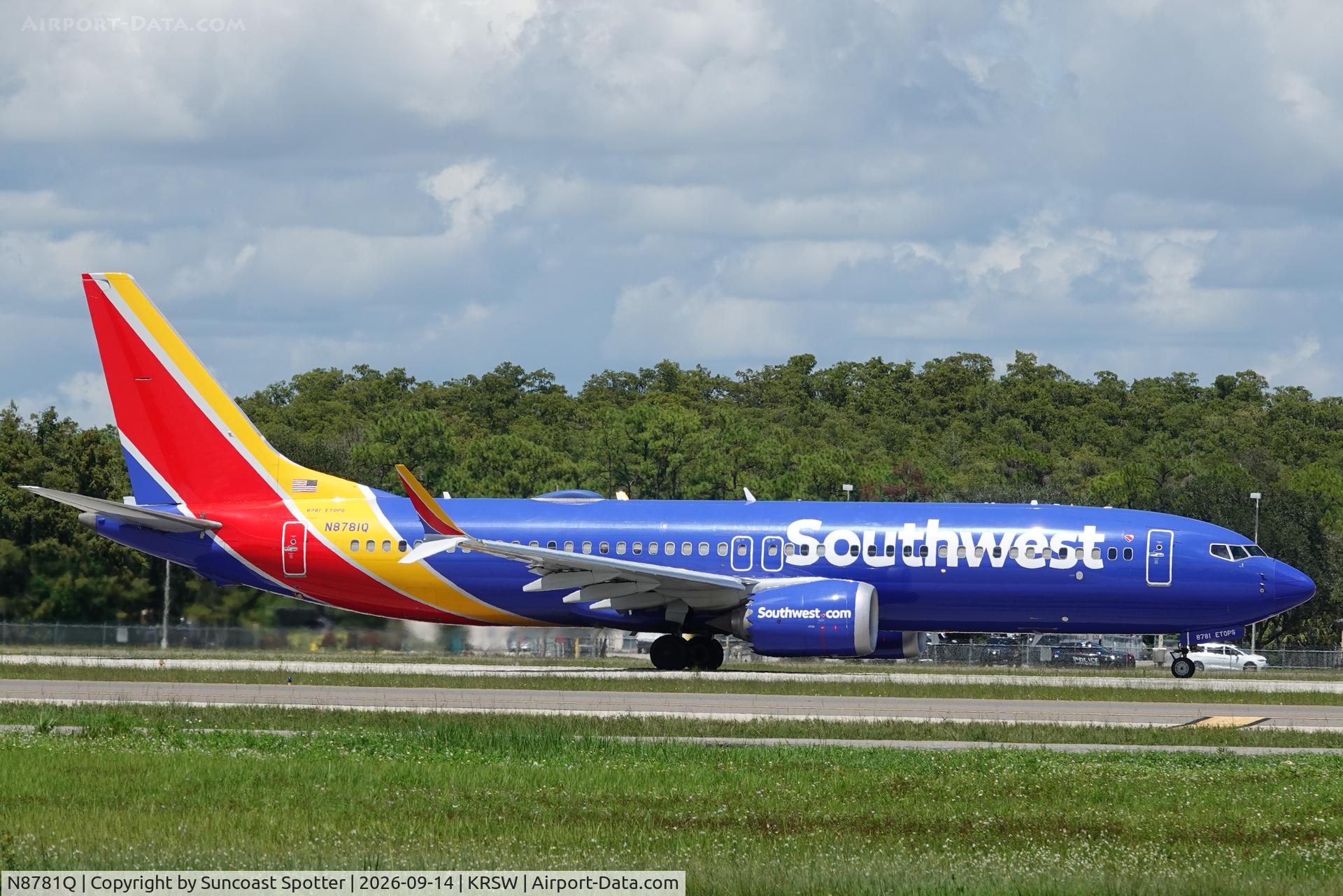 Aircraft N8781Q, 2022 Boeing 737 MAX 8, c/n 67758 l/n 8363, Southwest 3390 departs Southwest Florida International Airport enroute to Chicago-Midway International Airport, at KRSW, photo by Suncoast Spotter