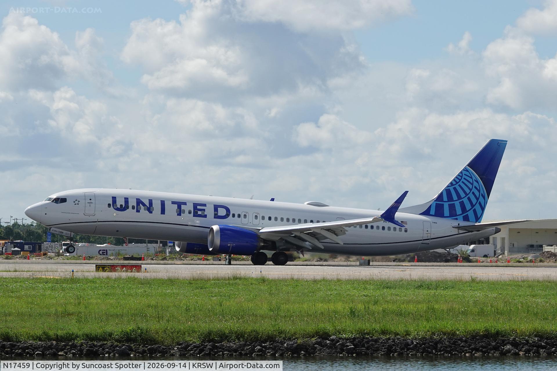 Aircraft N17459, 2026 Boeing 737 MAX 9, c/n 43453 l/n 9694, United 1740 arrives at Southwest Florida International Airport following flight from Chicago-O’Hare International Airport, at KRSW, photo by Suncoast Spotter