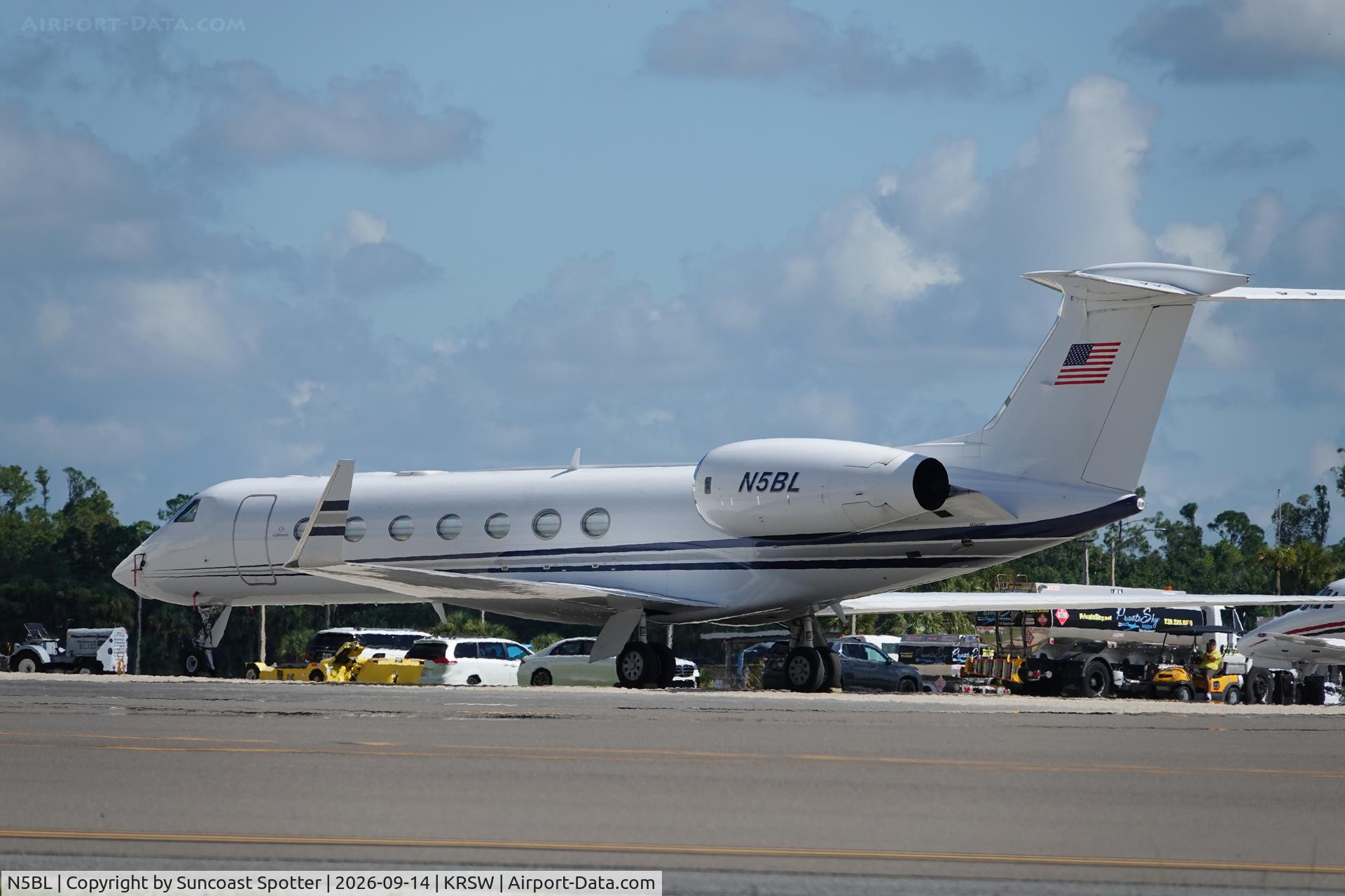 Aircraft N5BL, 2008 Gulfstream Aerospace GV-SP (G550), c/n 5227, Exflight 227 sits on the Private Sky ramp at Southwest Florida International Airport, at KRSW, photo by Suncoast Spotter
