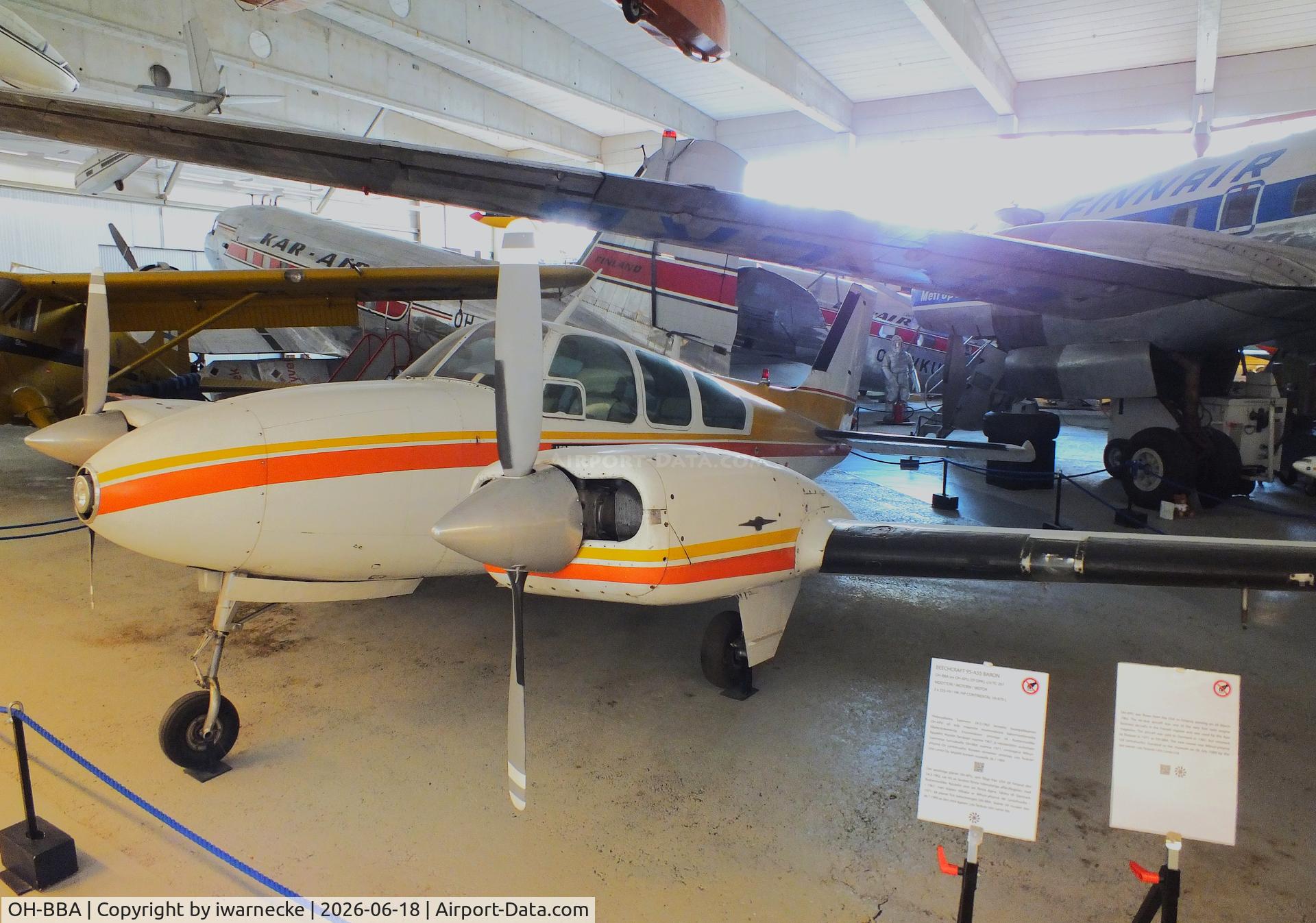 Aircraft OH-BBA, 1962 Beech 95-A55 Baron, c/n TC-261, Beech 95-A55 Baron at the Suomen Ilmailumuseo (Finnish Aviation Museum), Vantaa, photo by iwarnecke