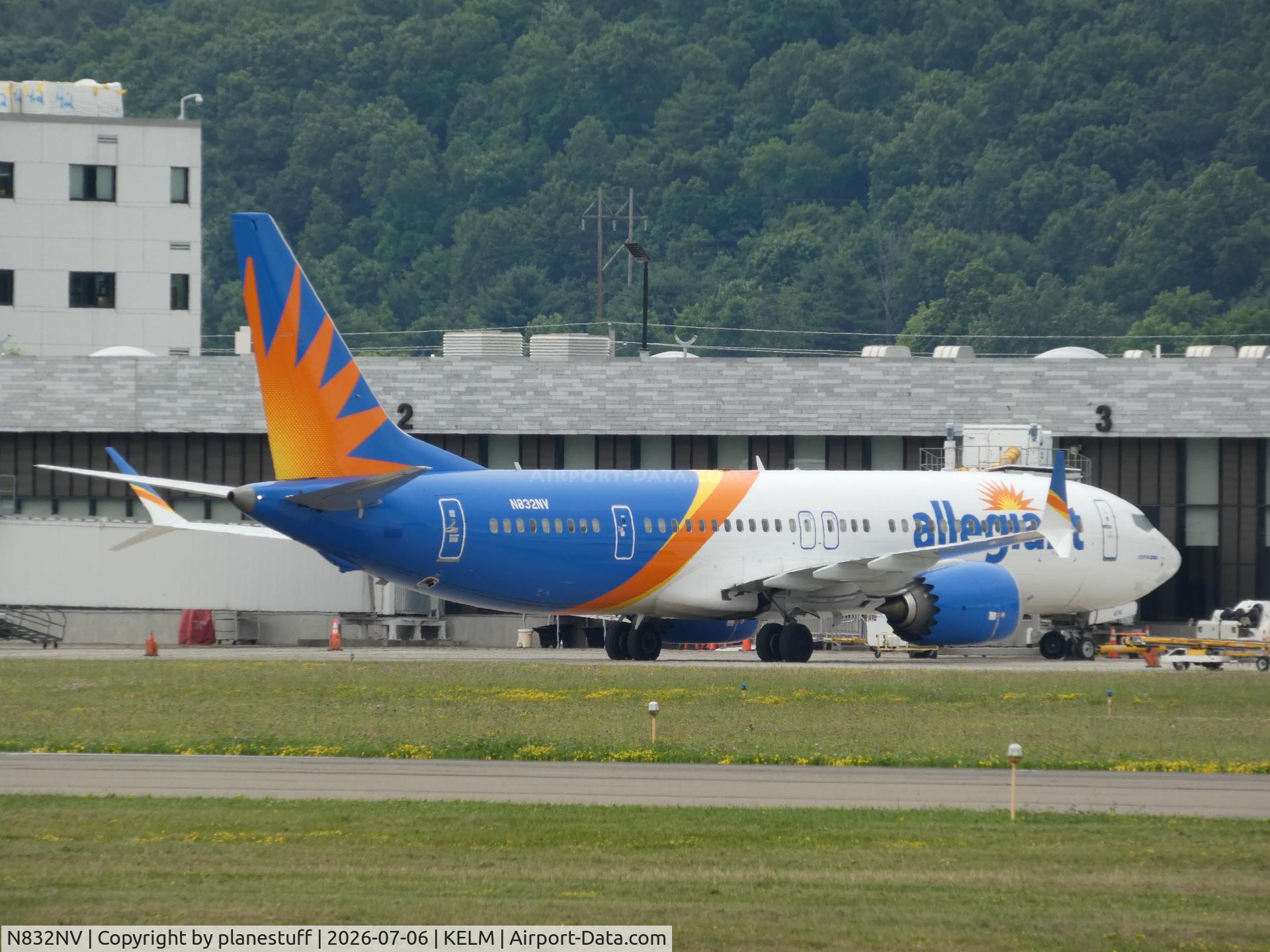 Aircraft N832NV, 2026 Boeing 737-8200, c/n 68006, Allegiant at gate 3, at KELM, photo by planestuff