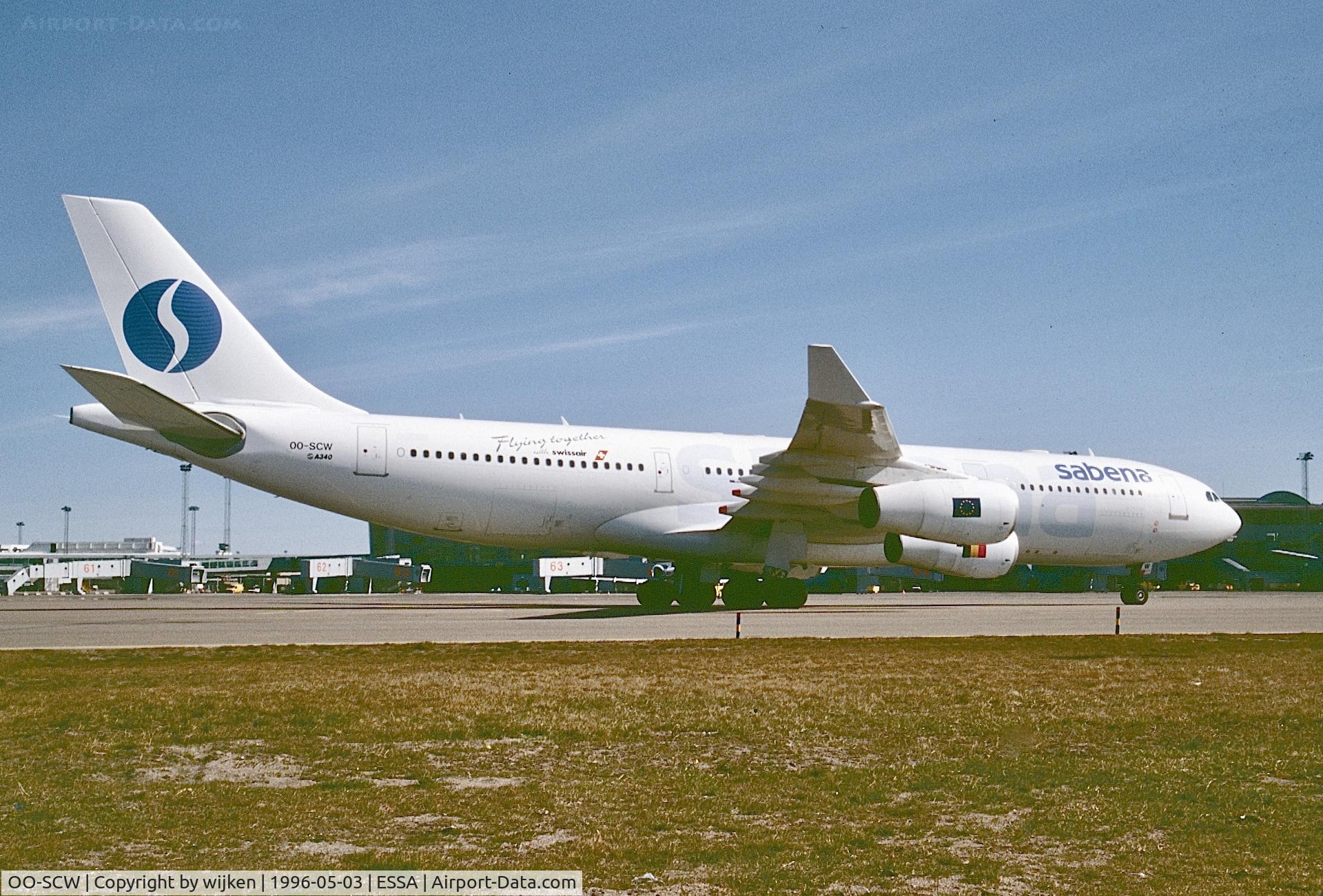 Aircraft OO-SCW, 1993 Airbus A340-212, c/n 14, Twy U, at ESSA, photo by wijken