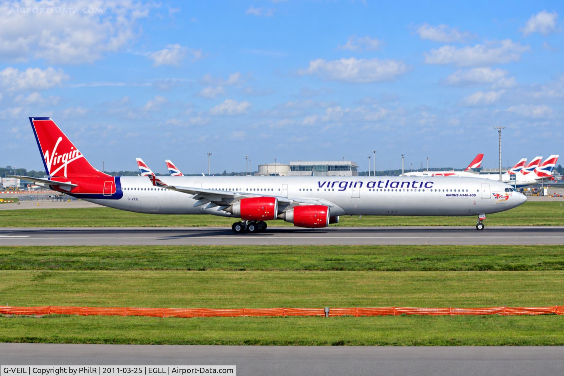 Aircraft G-VEIL, 2004 Airbus A340-642, c/n 575, G-VEIL 2004 A340-600 Virgin LHR, at EGLL, photo by PhilR
