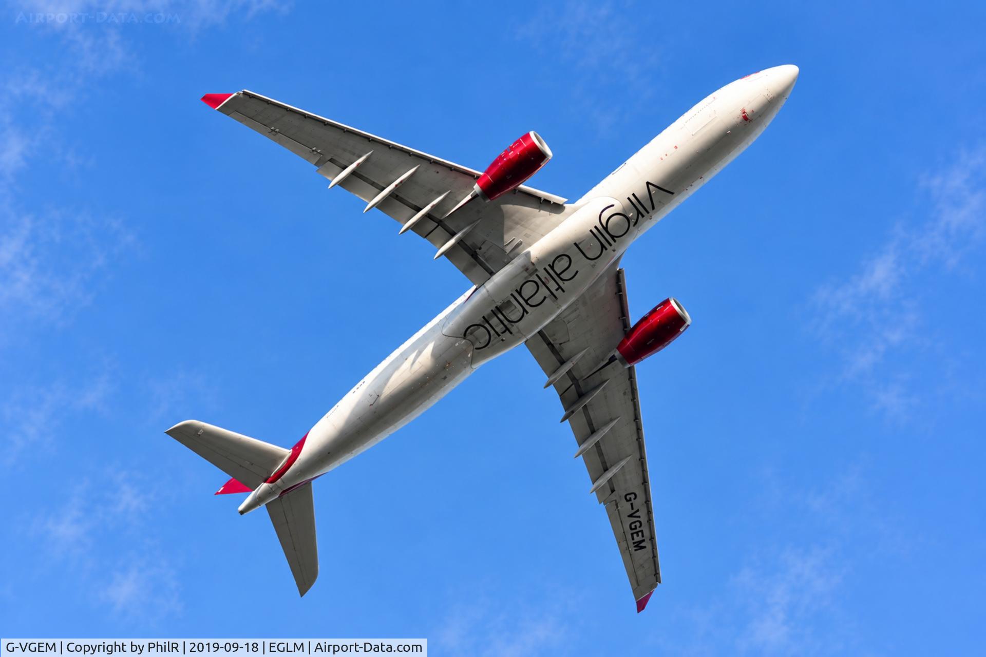 Aircraft G-VGEM, 2011 Airbus A330-343X, c/n 1215, G-VGEM 2011 Airbus A330-300 Virgin Woodley, at EGLM, photo by PhilR