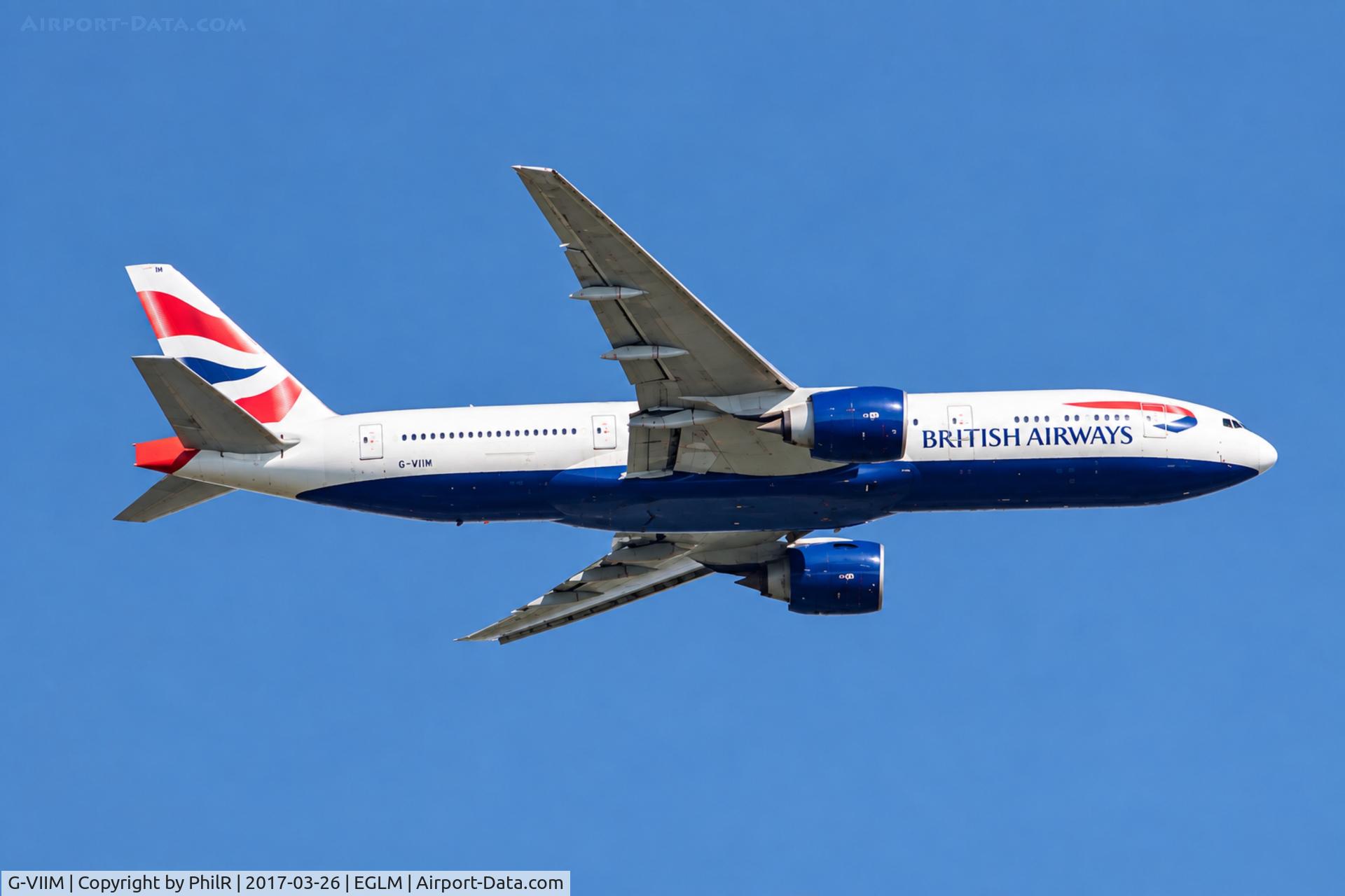 Aircraft G-VIIM, 1998 Boeing 777-236/ER, c/n 28841 l/n 130, G-VIIM 1998 B777-200 BA Woodley, at EGLM, photo by PhilR