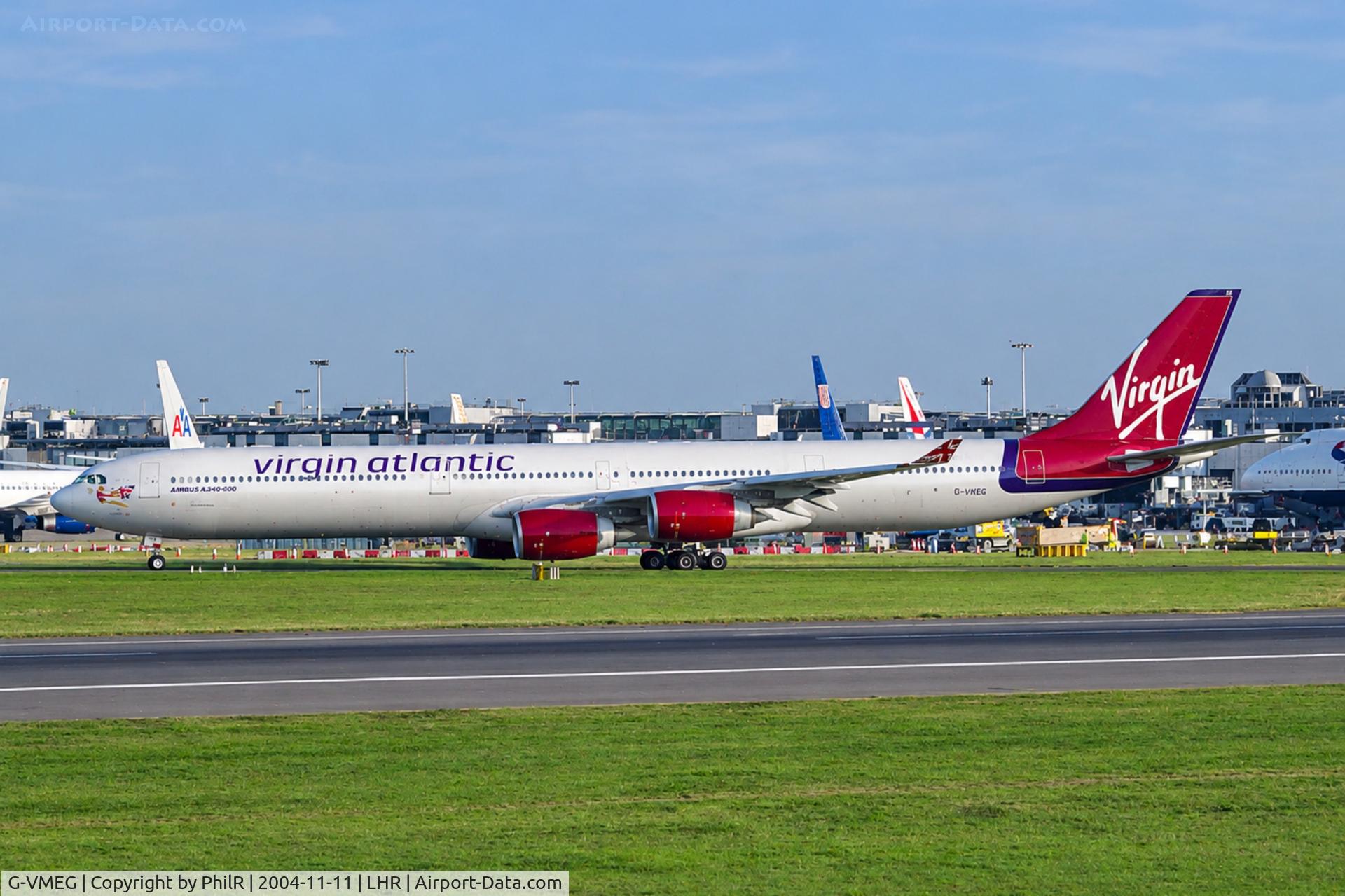 Aircraft G-VMEG, 2002 Airbus A340-642, c/n 391, G-VMEG 2002 A340-600 Virgin LHR, at LHR, photo by PhilR