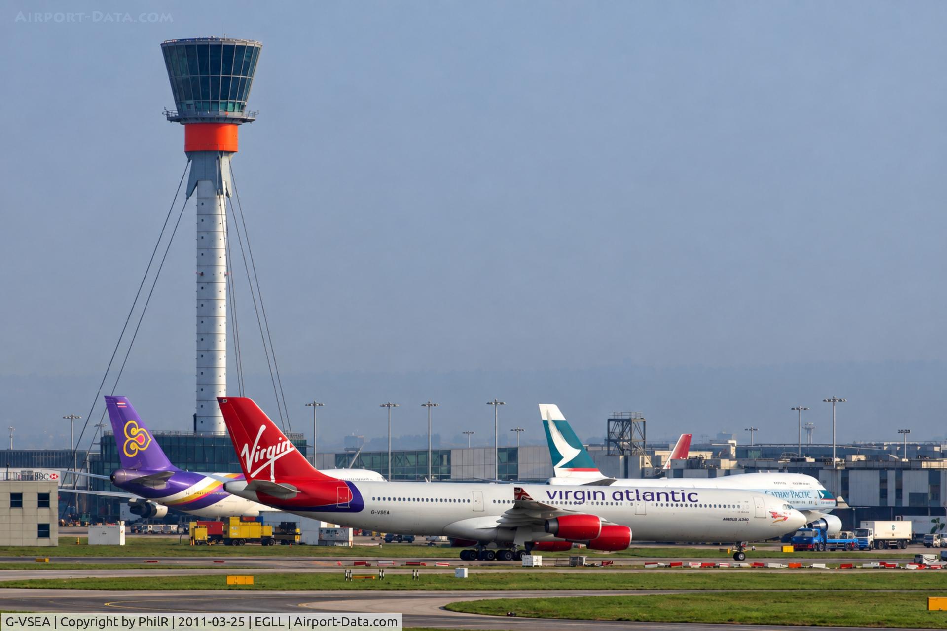 Aircraft G-VSEA, 1992 Airbus A340-311, c/n 003, G-VSEA 1992 A340-300 LHR, at EGLL, photo by PhilR