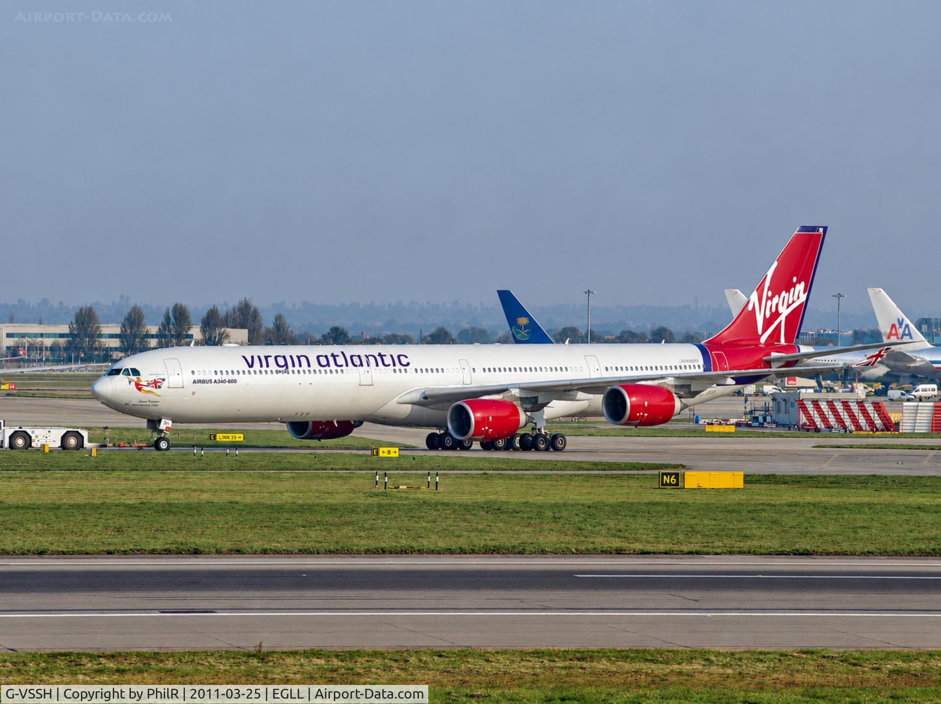 Aircraft G-VSSH, 2004 Airbus A340-642, c/n 615, G-VSSH 2005 A340-600 Virgin LHR, at EGLL, photo by PhilR