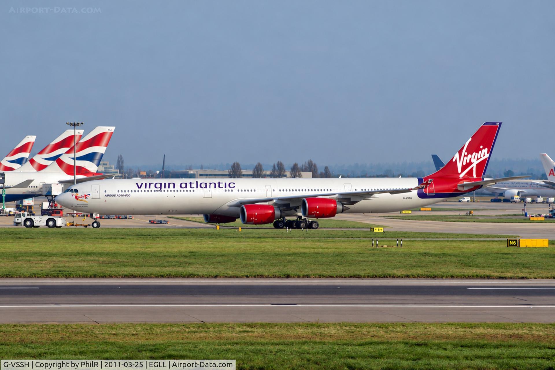 Aircraft G-VSSH, 2004 Airbus A340-642, c/n 615, G-VSSH 2005 A340-600 Virgin LHR, at EGLL, photo by PhilR
