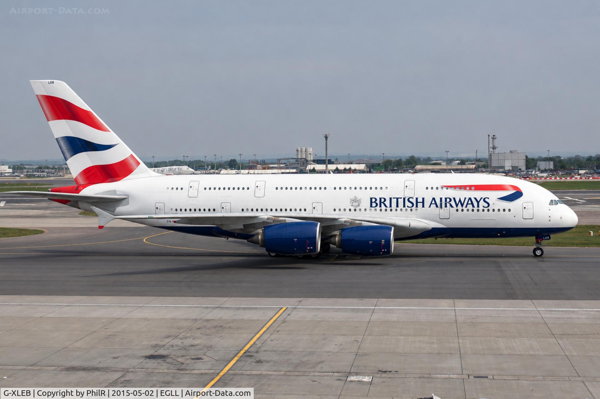 Aircraft G-XLEB, 2013 Airbus A380-841, c/n 121, G-XLEB 2013 A380-800 BA LHR, at EGLL, photo by PhilR