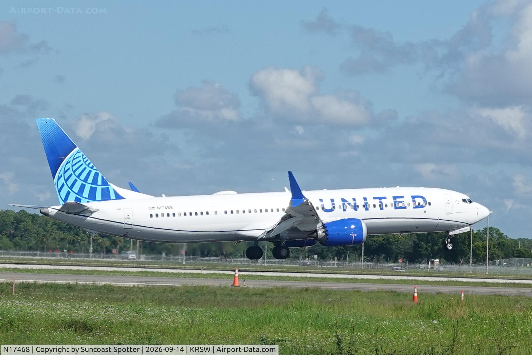 Aircraft N17468, 2026 Boeing 737 MAX 9, c/n 67660 l/n 9761, United 1115 arrives at Southwest Florida International Airport following flight from Newark-Liberty International Airport, at KRSW, photo by Suncoast Spotter