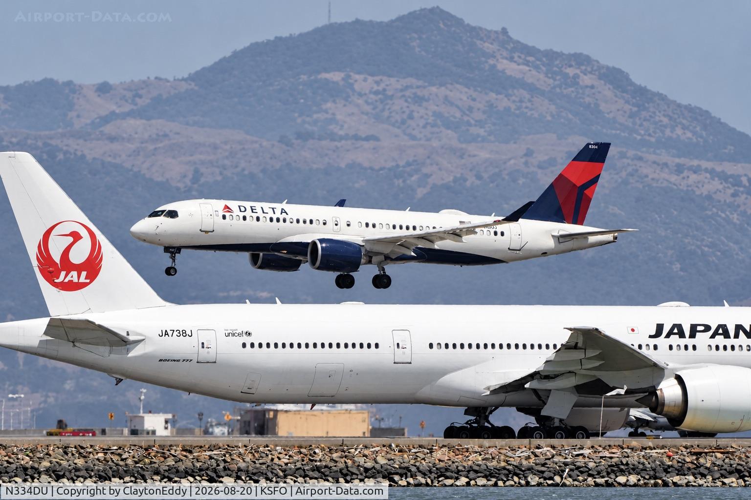 Aircraft N334DU, 2025 Airbus Canada Lp BD-500-1A11, c/n 55374, SFO 2026, at KSFO, photo by ClaytonEddy