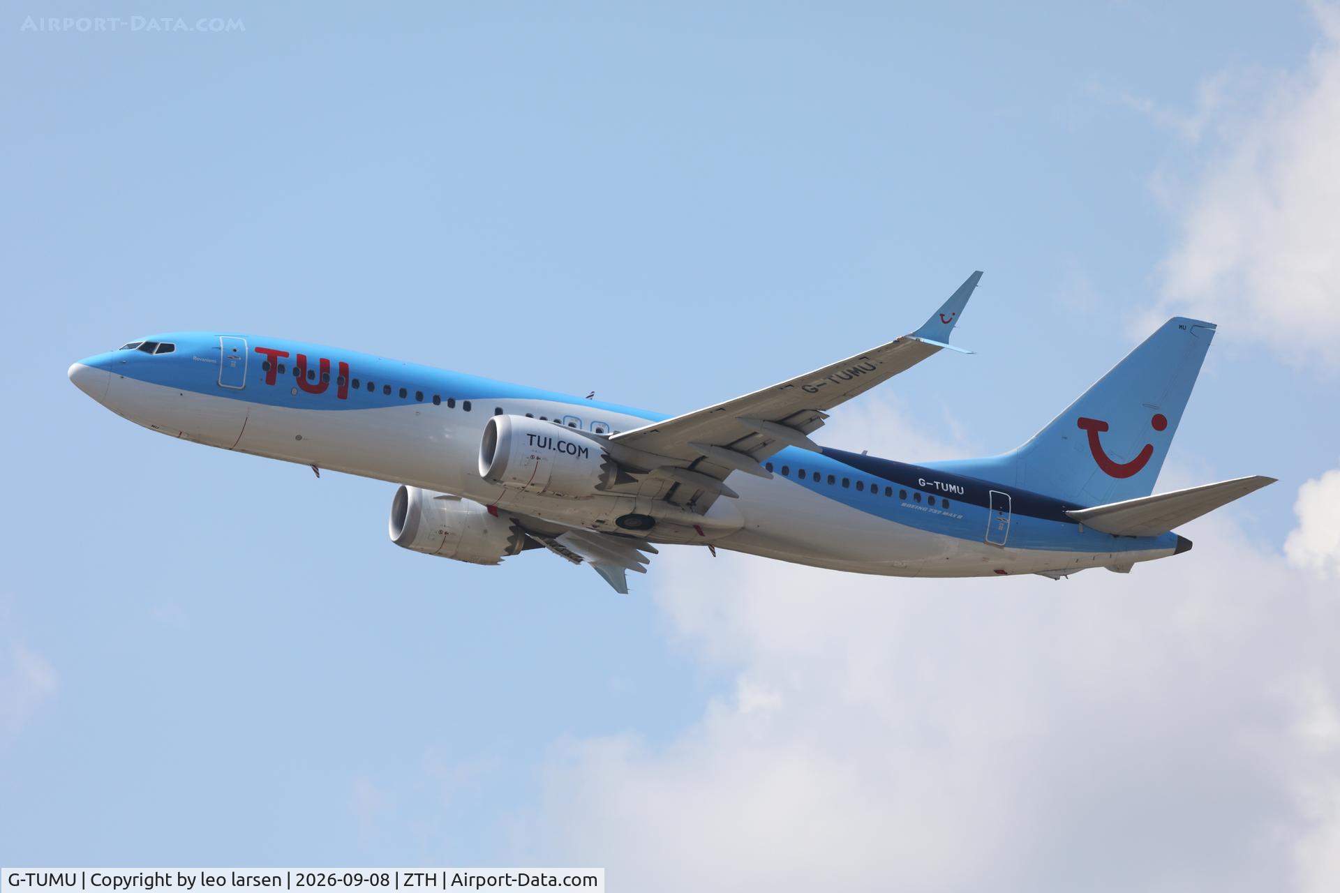 Aircraft G-TUMU, 2021 Boeing 737-8 MAX, c/n 44651, Zkynthos 8.9.2026, at ZTH, photo by leo larsen