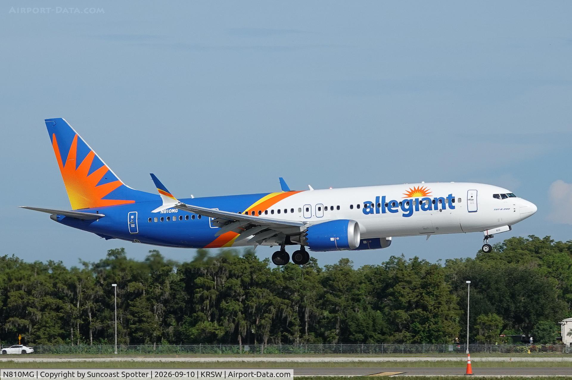Aircraft N810MG, 2024 Boeing 737-8200 MAX, c/n 68001 l/n 8838, Allegiant 162 arrives at Southwest Florida International Airport following flight from Lehigh Valley International Airport, at KRSW, photo by Suncoast Spotter