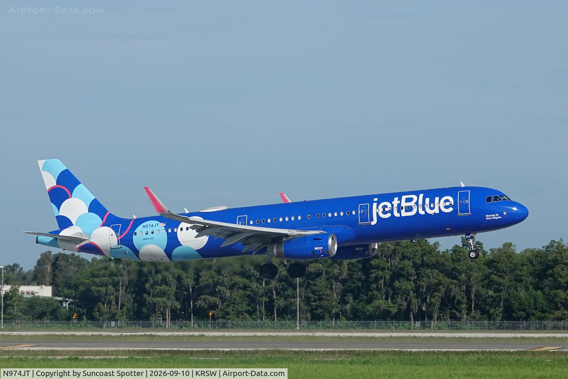 Aircraft N974JT, 2016 Airbus A321-231, c/n 7448, JetBlue 165 arrives at Southwest Florida International Airport following flight from Boston-Logan International Airport, at KRSW, photo by Suncoast Spotter