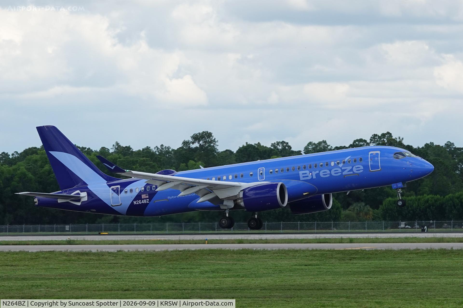 Aircraft N264BZ, 2026 Airbus A220-371, c/n 55425, Moxy 2566 arrives at Southwest Florida International Airport following flight from Syracuse-Hancock International Airport, at KRSW, photo by Suncoast Spotter