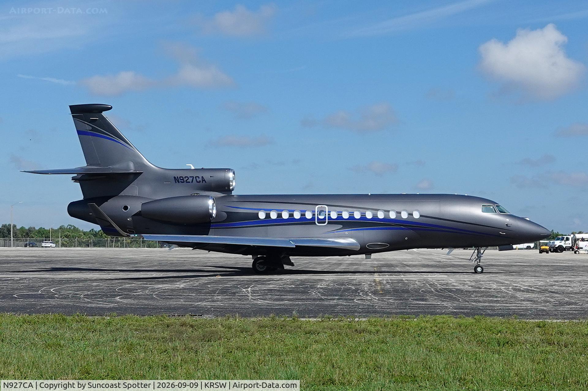 Aircraft N927CA, 2017 Dassault Aviation FALCON 7X, c/n 279, Falcon 927CA sits on the Private Sky ramp at Southwest Florida International Airport, at KRSW, photo by Suncoast Spotter