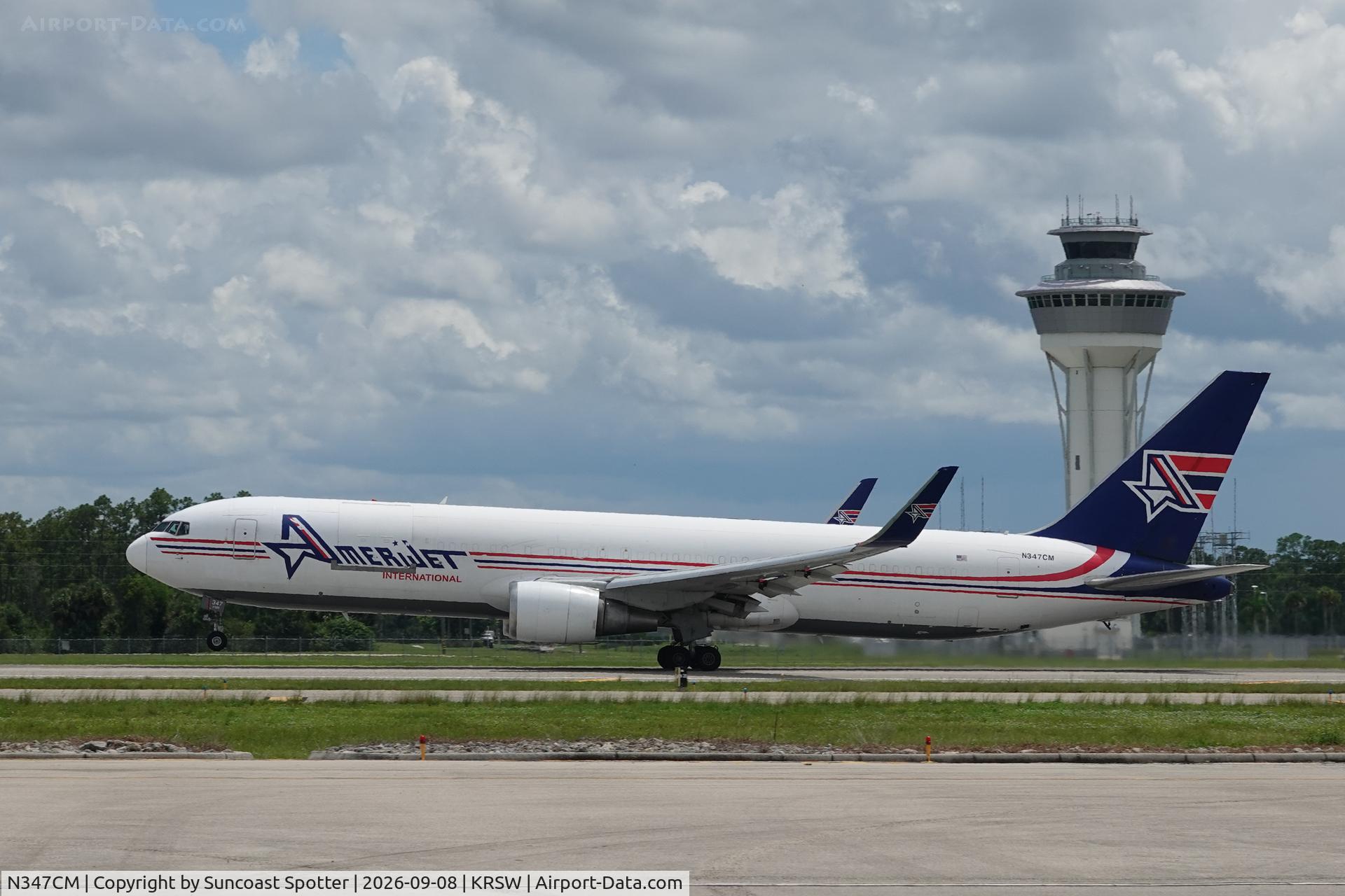 Aircraft N347CM, 1993 Boeing 767-323, c/n 26995, Amerijet 814 Heavy departs Southwest Florida International Airport enroute to Miami International Airport following a weather diversion, at KRSW, photo by Suncoast Spotter