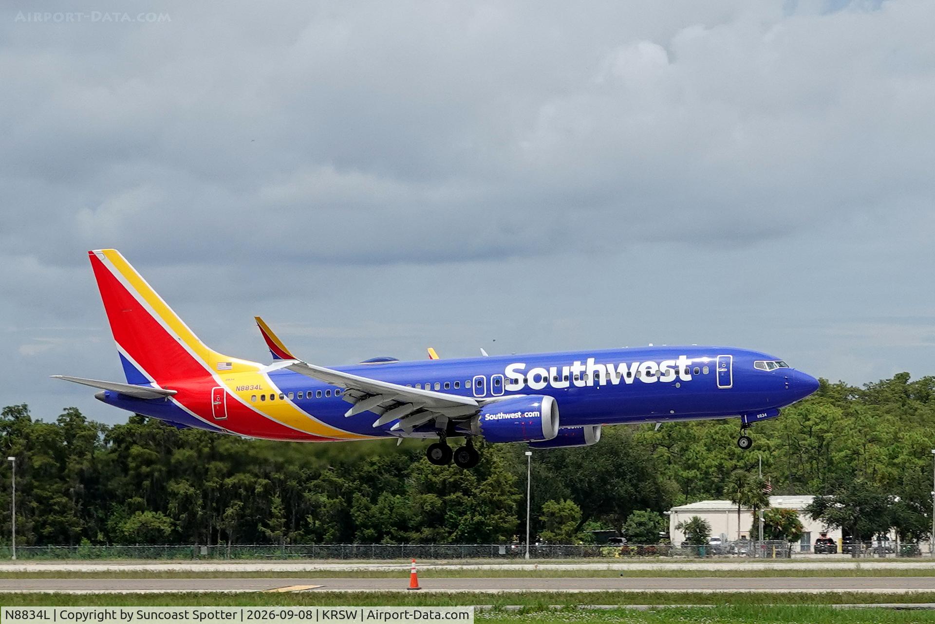 Aircraft N8834L, 2022 Boeing 737-8 MAX, c/n 67752 l/n 8462, Southwest 4034 arrives at Southwest Florida International Airport following flight from Chicago-Midway International Airport, at KRSW, photo by Suncoast Spotter