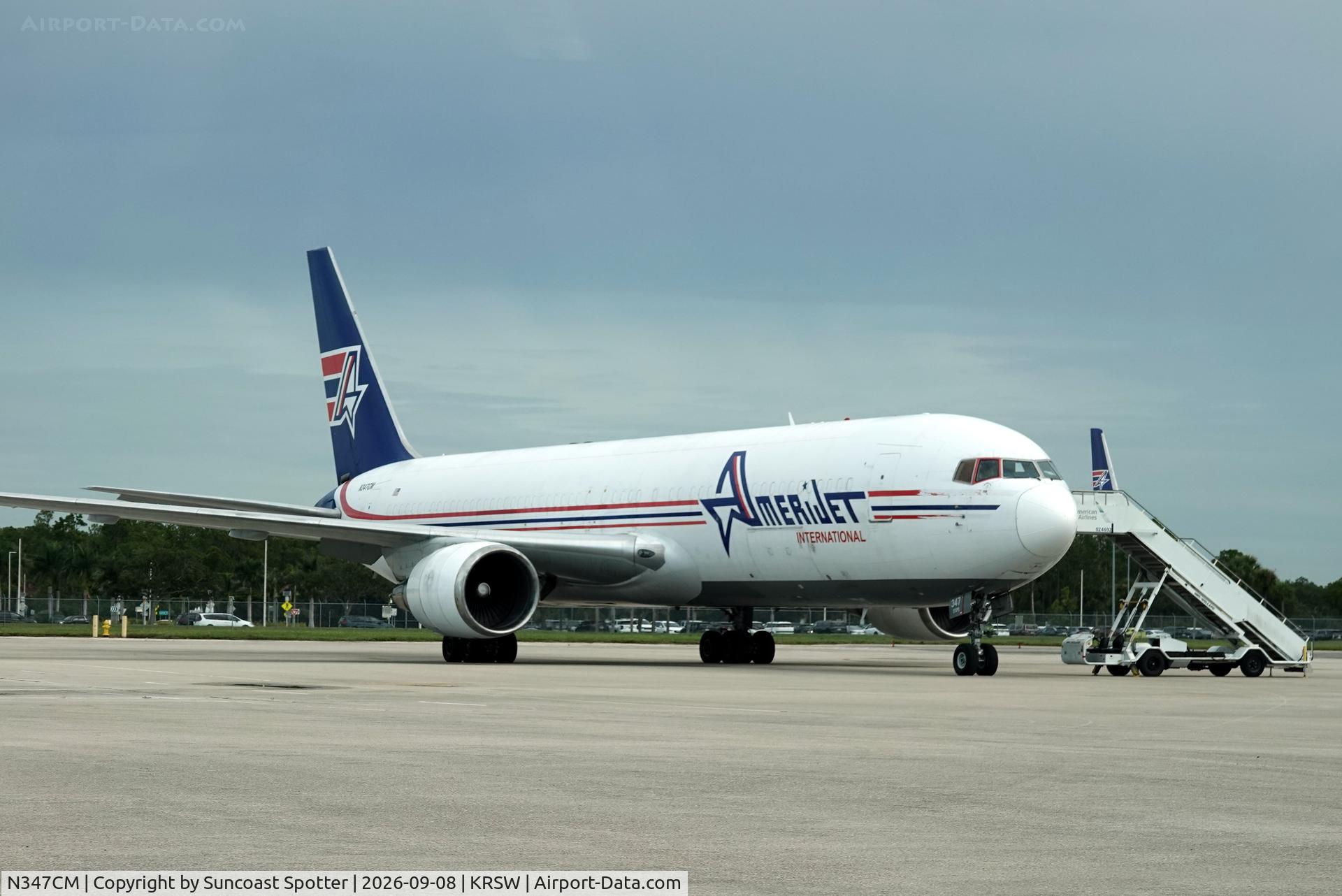 Aircraft N347CM, 1993 Boeing 767-323, c/n 26995, Amerijet 814 sits on the north ramp at Southwest Florida International Airport following a weather diversion from Miami International Airport, at KRSW, photo by Suncoast Spotter