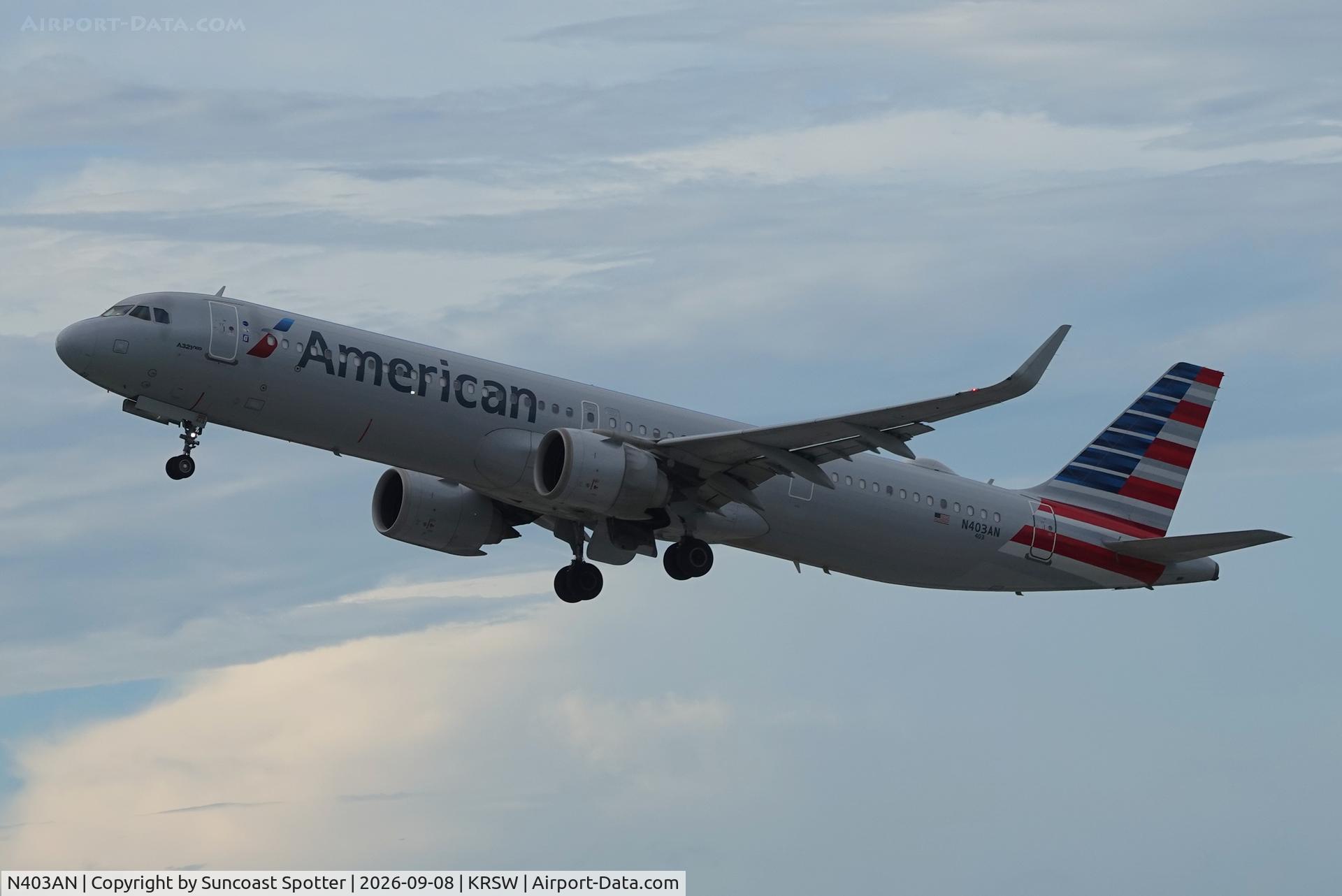 Aircraft N403AN, 2019 Airbus A321-253NX, c/n 8780, American 198Q departs Southwest Florida International Airport enroute to Miami International Airport following a weather diversion, at KRSW, photo by Suncoast Spotter