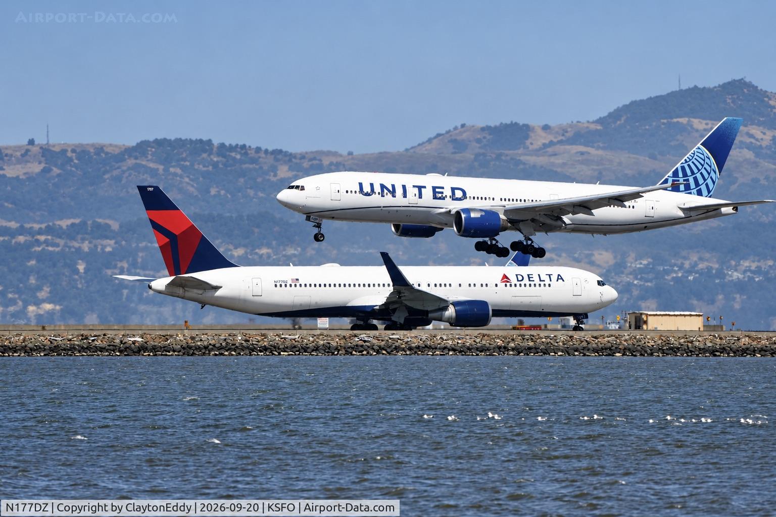 Aircraft N177DZ, 1999 Boeing 767-332, c/n 29698, SFO 2026, at KSFO, photo by ClaytonEddy