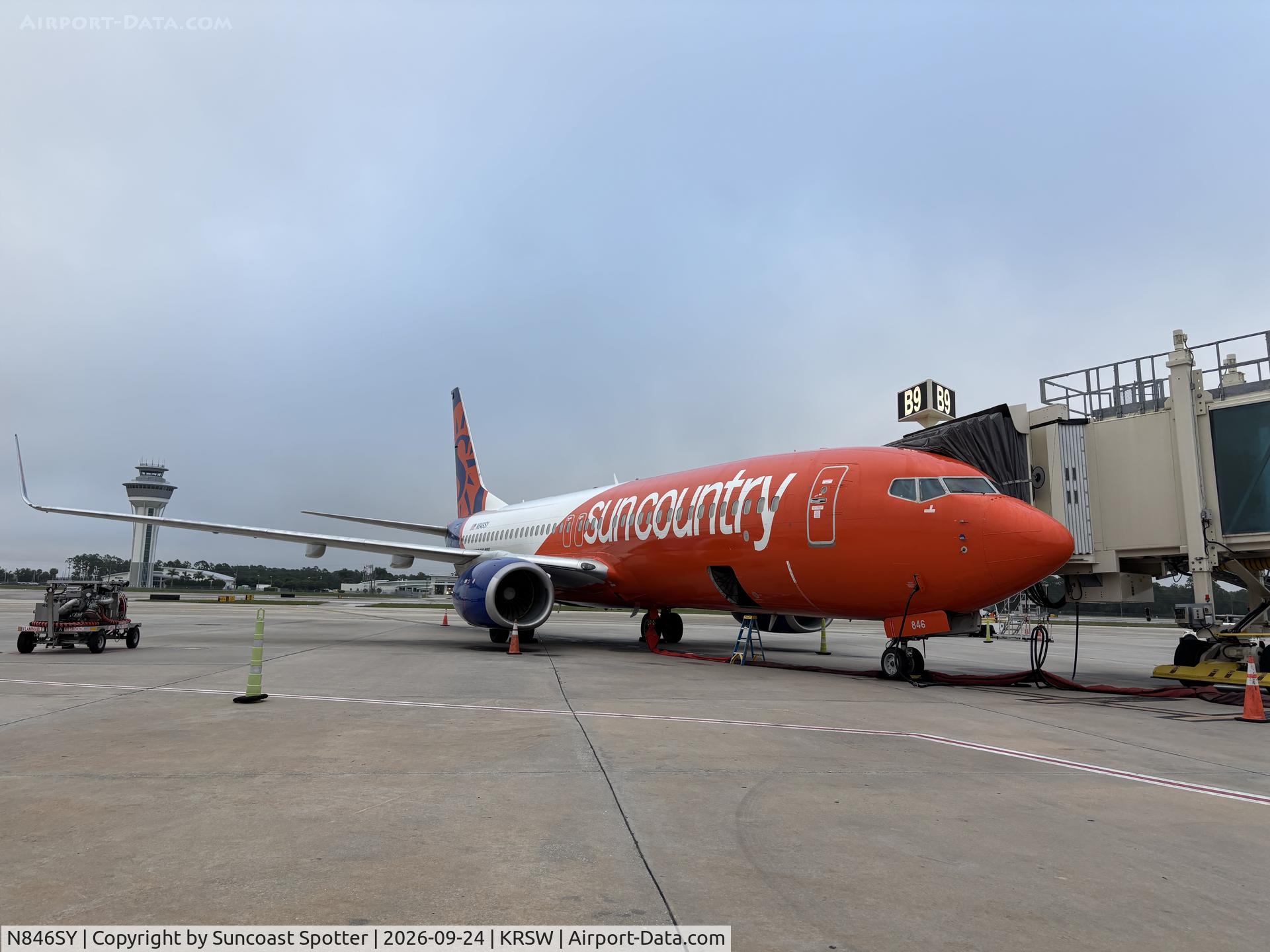Aircraft N846SY, 2013 Boeing 737-8JP, c/n 39025 l/n 4652, Sun Country B738 sits at the gate at RSW, at KRSW, photo by Suncoast Spotter