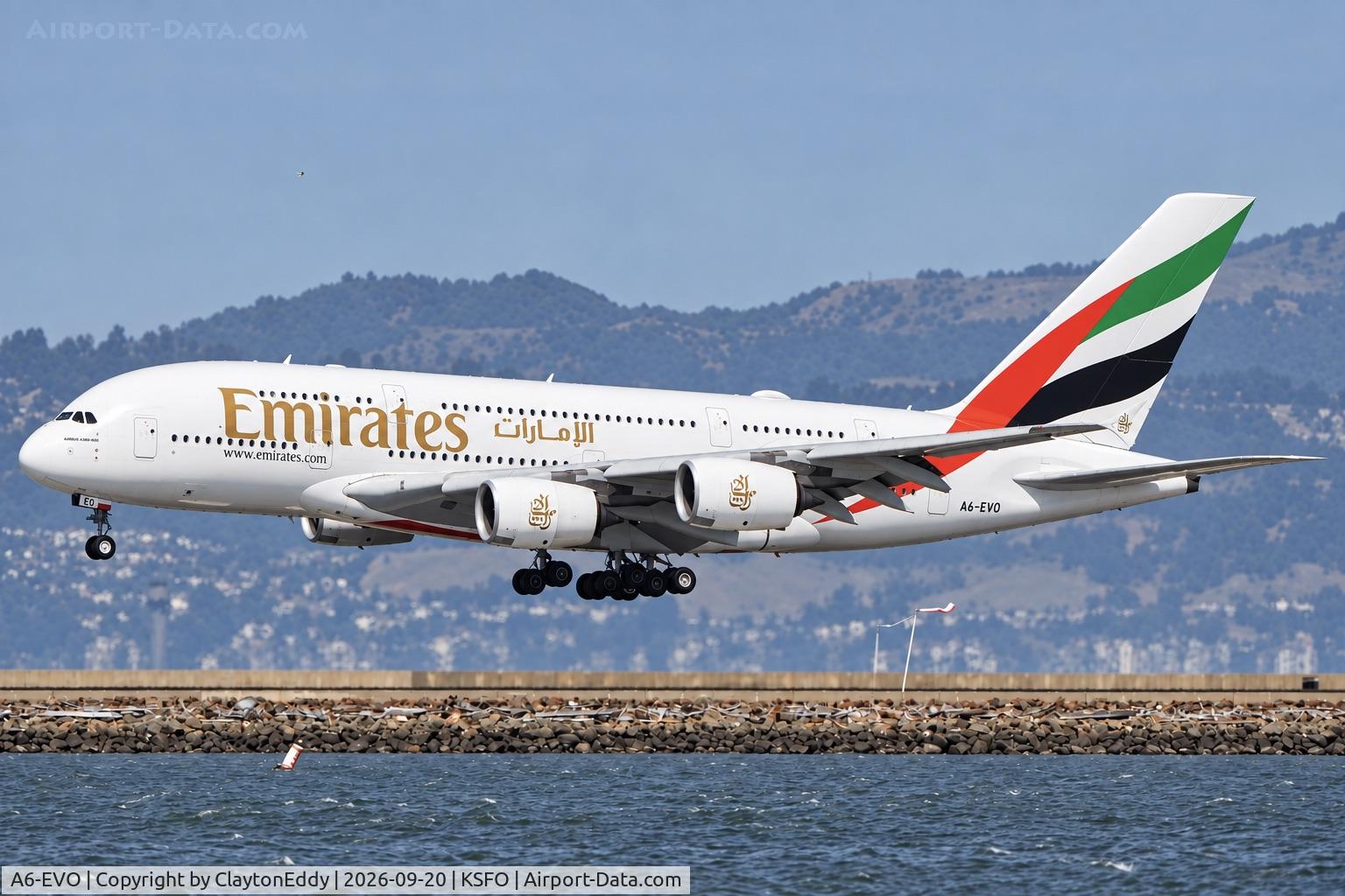 Aircraft A6-EVO, Airbus A380-842, c/n 268, SFO 2026, at KSFO, photo by ClaytonEddy