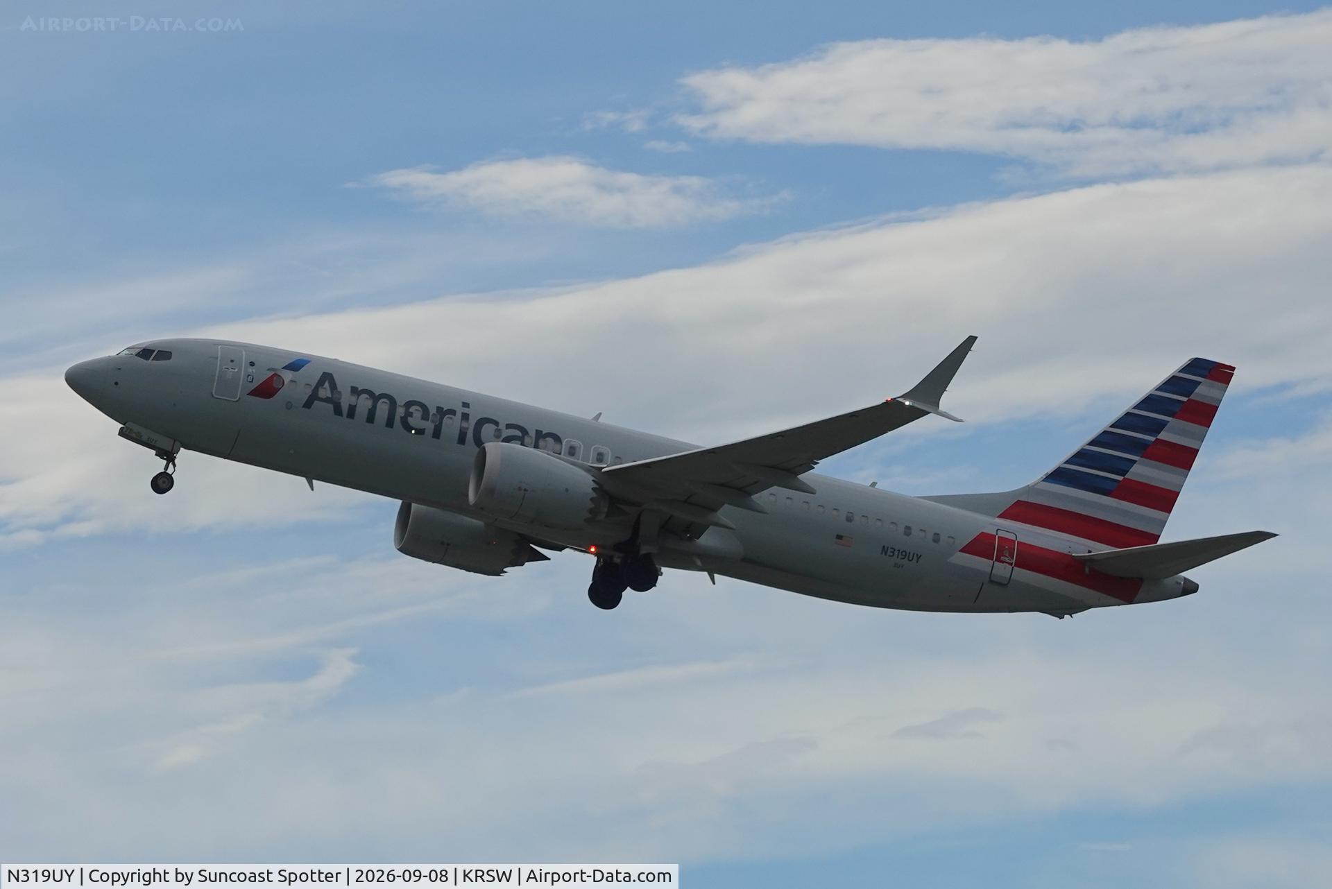 Aircraft N319UY, 2025 Boeing 737-8 MAX, c/n 68110 / 9402, American 943P departs Southwest Florida International Airport enroute to Miami International Airport following a weather diversion, at KRSW, photo by Suncoast Spotter
