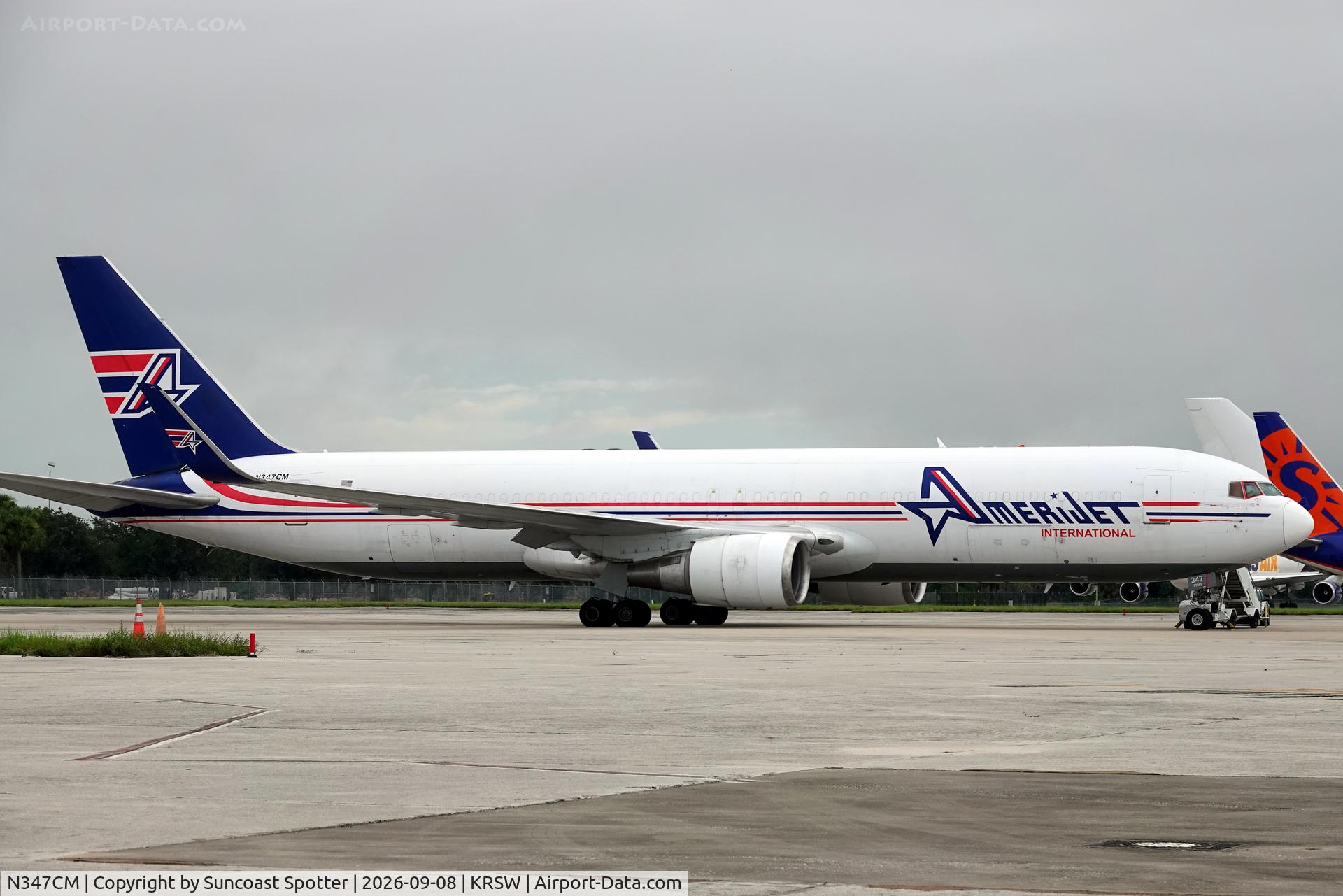 Aircraft N347CM, 1993 Boeing 767-323, c/n 26995, Amerijet 814 sits on the north ramp at Southwest Florida International Airport following a weather diversion from Miami International Airport, at KRSW, photo by Suncoast Spotter
