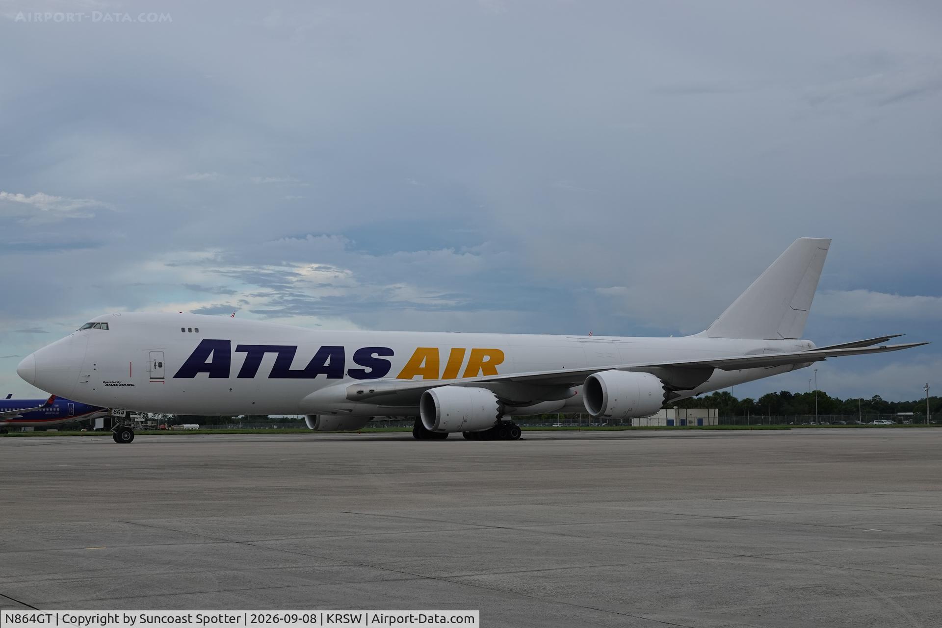 Aircraft N864GT, 2014 Boeing 747-83QF, c/n 60117, Giant 743 sits on the north ramp at Southwest Florida International Airport following a weather diversion from Miami International Airport, at KRSW, photo by Suncoast Spotter