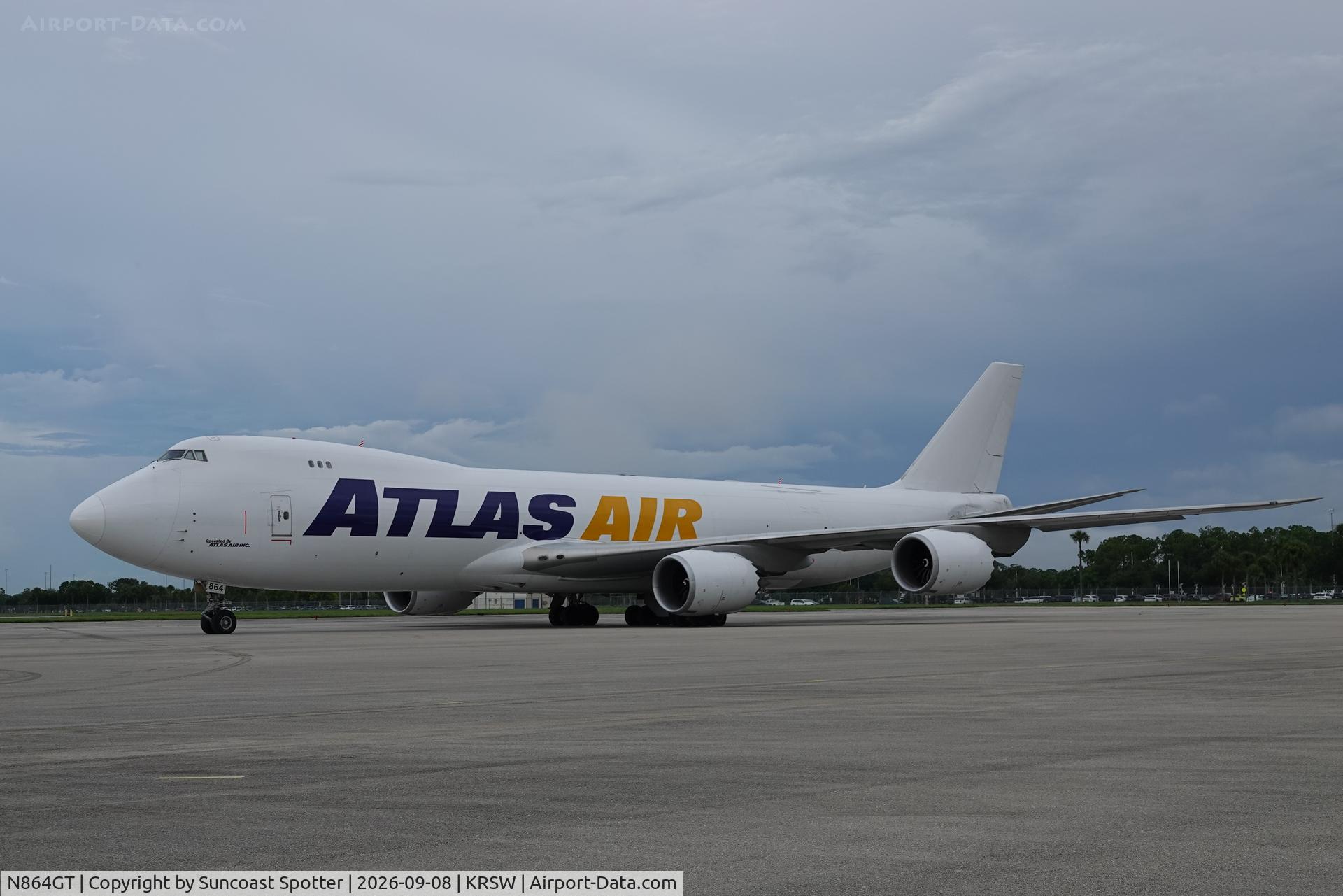 Aircraft N864GT, 2014 Boeing 747-83QF, c/n 60117, Giant 743 sits on the north ramp at Southwest Florida International Airport following a weather diversion from Miami International Airport, at KRSW, photo by Suncoast Spotter