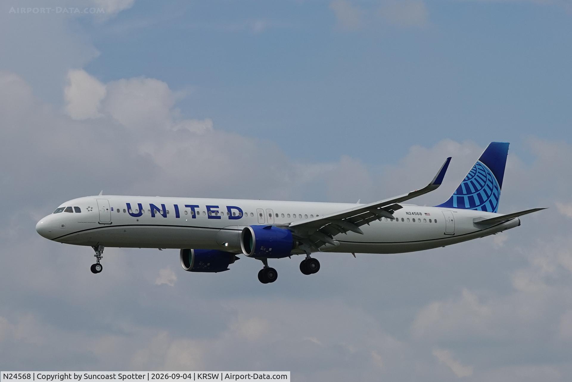 Aircraft N24568, 2026 Airbus A321-271NX, c/n 12945, United 2601 arrives at Southwest Florida International Airport following flight from Denver International Airport, at KRSW, photo by Suncoast Spotter