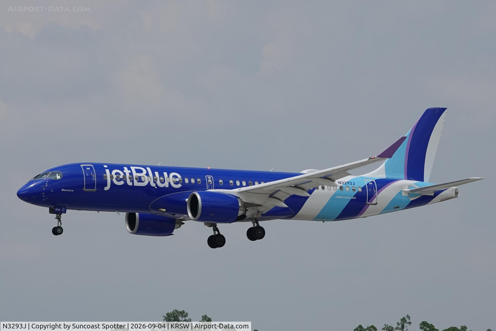 Aircraft N3293J, 2025 Airbus A220-300, c/n 55404, JetBlue 1529 arrives at Southwest Florida International Airport following flight from John F Kennedy International Airport, at KRSW, photo by Suncoast Spotter