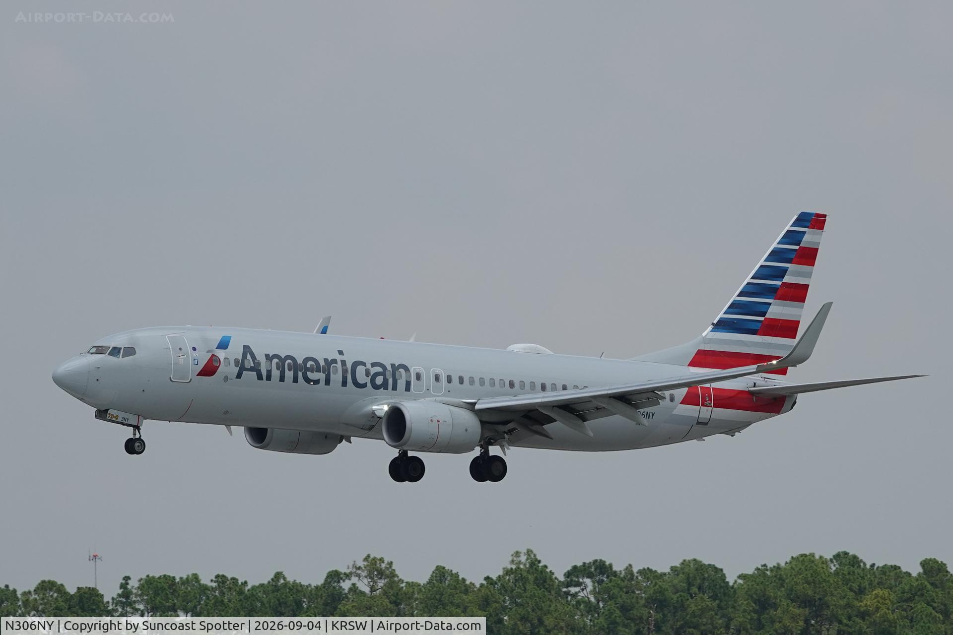 Aircraft N306NY, 2026 Boeing 737-8, c/n 69423, American 2740 arrives at Southwest Florida International Airport following flight from Dallas/Fort Worth International Airport, at KRSW, photo by Suncoast Spotter