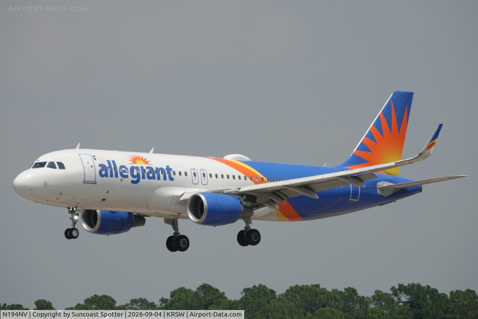 Aircraft N194NV, 2015 Airbus A320-214, c/n 6889, Allegiant 3183 arrives at Southwest Florida International Airport following flight from Appleton International Airport, at KRSW, photo by Suncoast Spotter