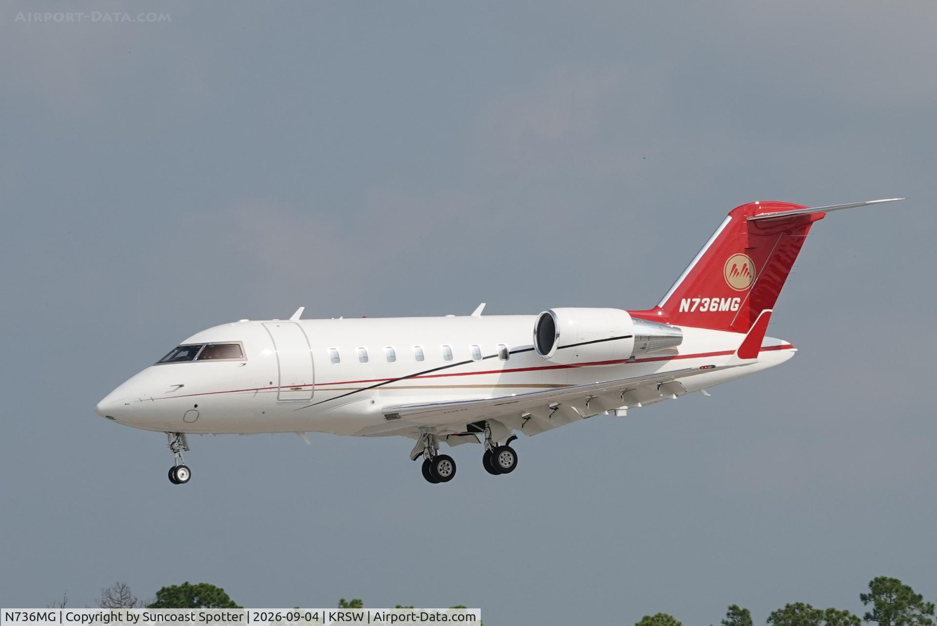 Aircraft N736MG, 2012 Bombardier CL-600-2B16, c/n 5902, Jet Speed 736 arrives at Southwest Florida International Airport following flight from Charlotte-Douglas International Airport, at KRSW, photo by Suncoast Spotter