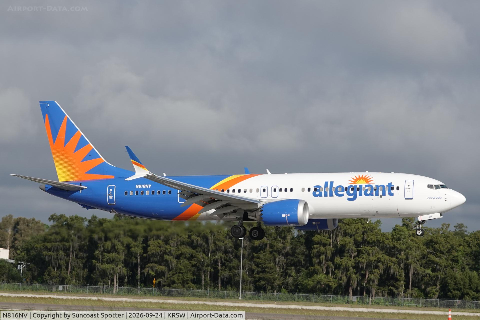Aircraft N816NV, 2025 Boeing 737-8-200 MAX, c/n 68011 l/n 9052, Allegiant 162 arrives at Southwest Florida International Airport following flight from Lehigh Valley International Airport, at KRSW, photo by Suncoast Spotter
